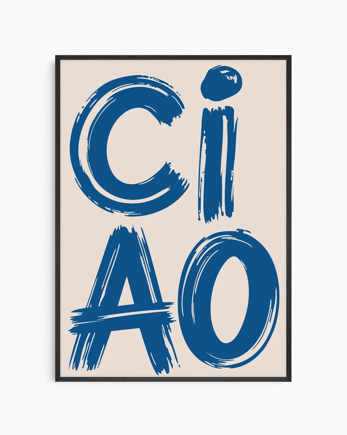 Nursery poster with 'CIAO' in blue on a beige background, framed in a black wooden frame.