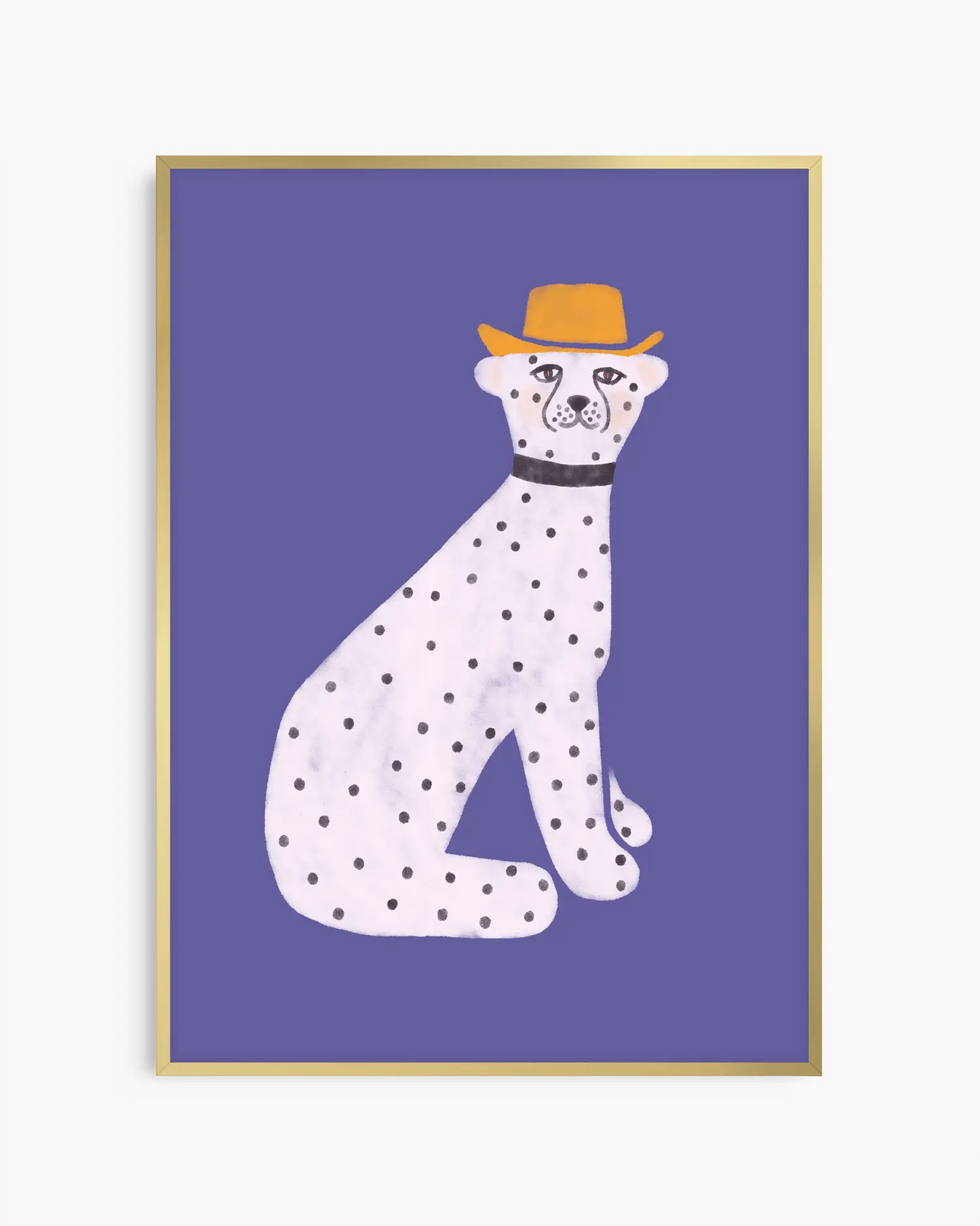 Framed artwork of a dalmatian dog wearing a hat on a purple background