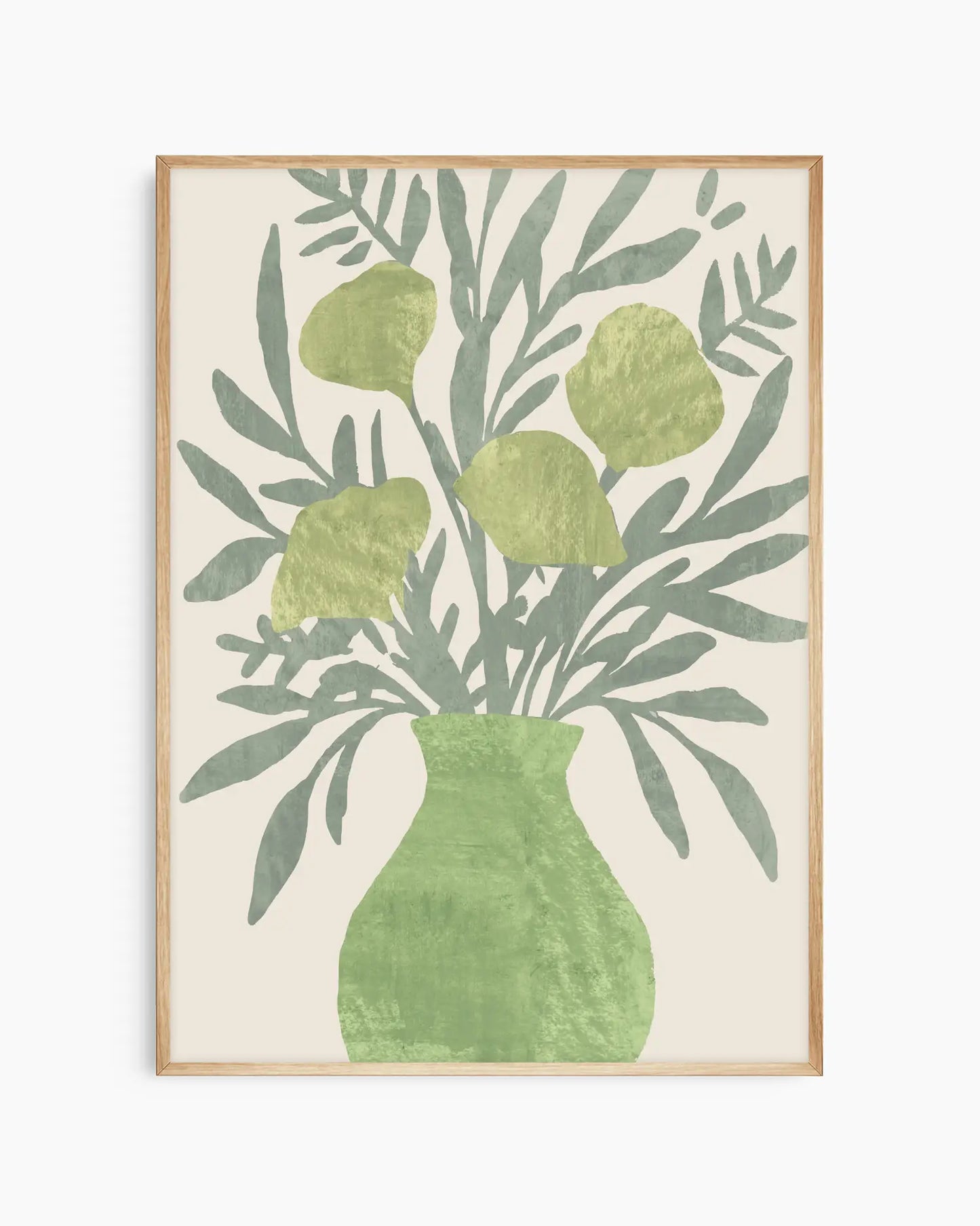 Framed artwork of a green vase with leaves on a beige background