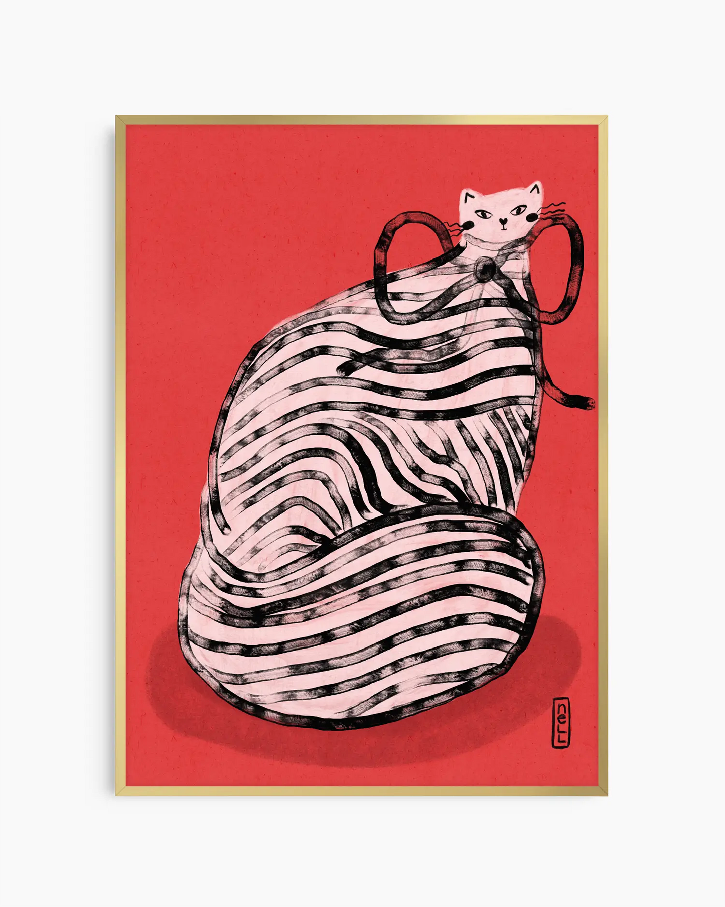 Framed artwork of a cat in a zebra-striped dress on a red background