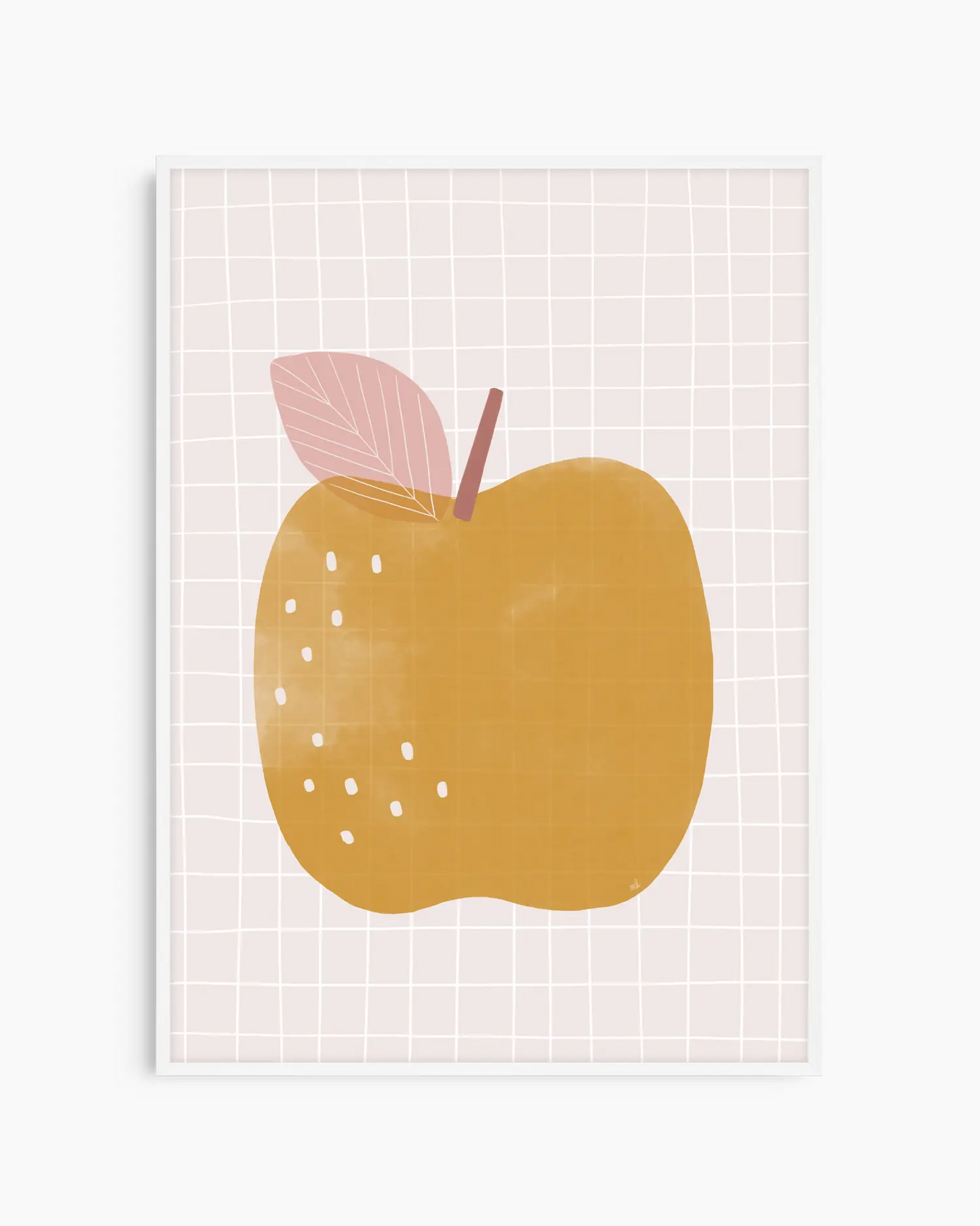 Yellow apple with a pink leaf on a grid background