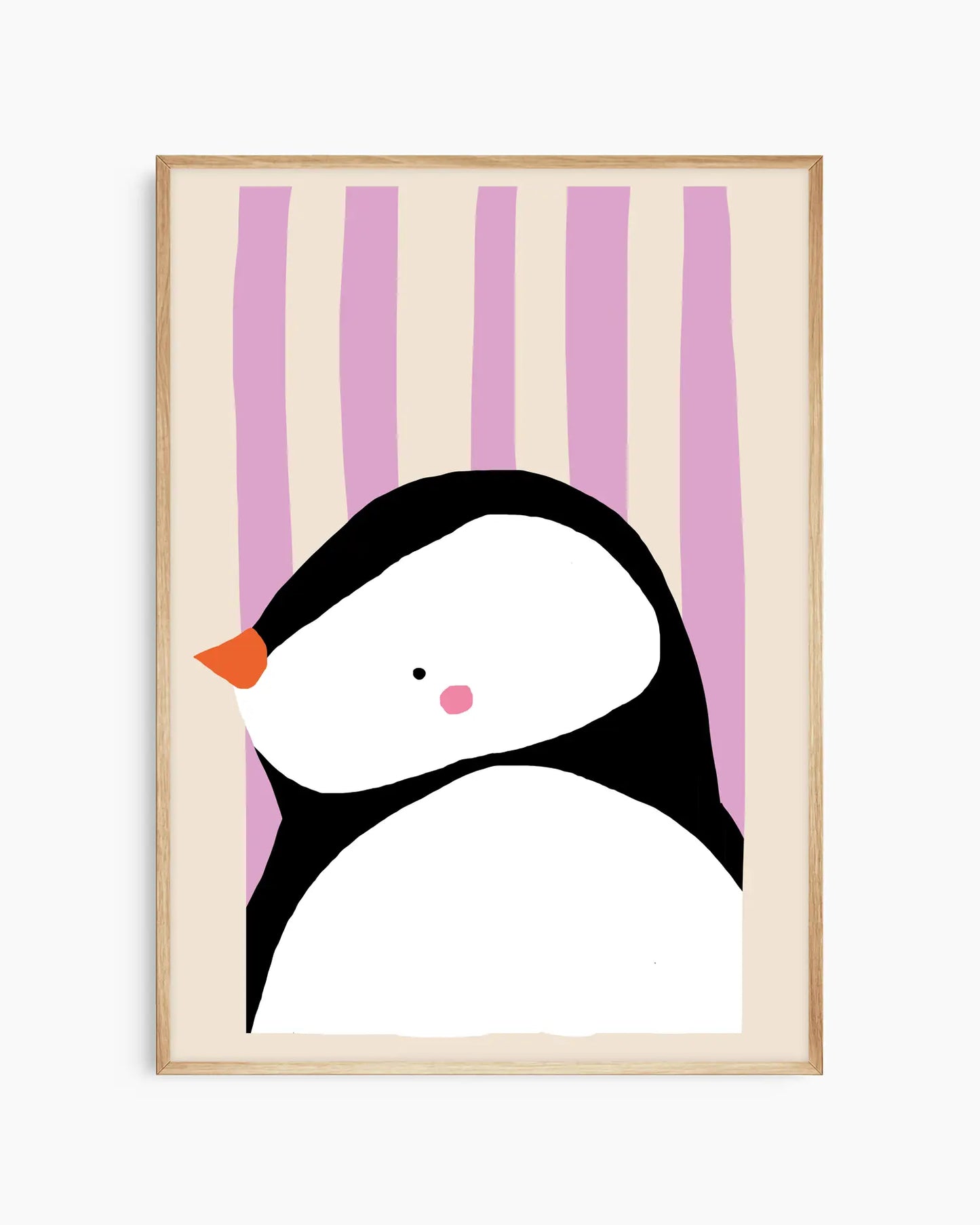 Framed artwork of a penguin with a striped background