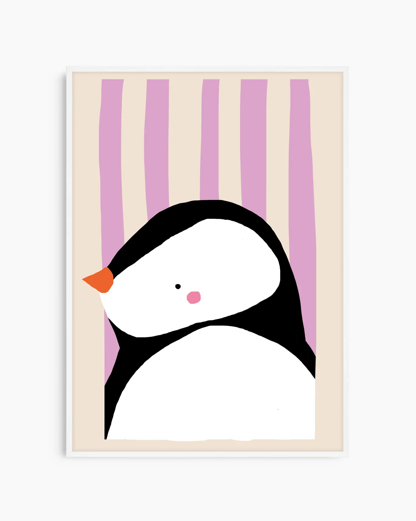 Framed artwork of a penguin with a striped background