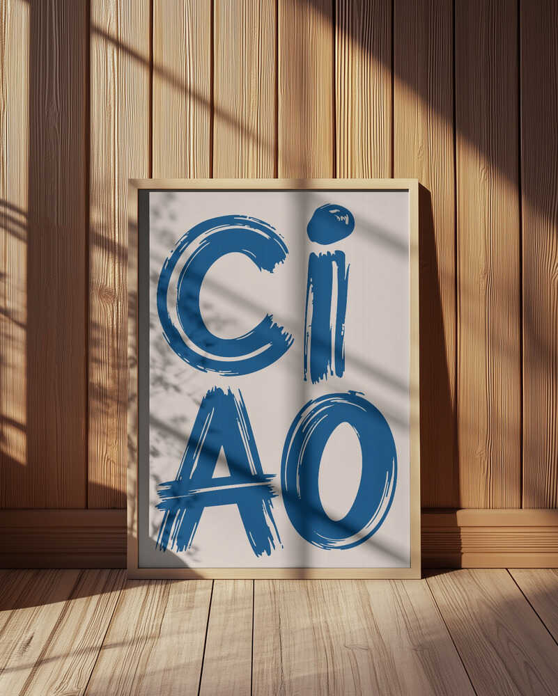 Framed poster with the text 'CIAO' written in blue leaning against a wooden wall.