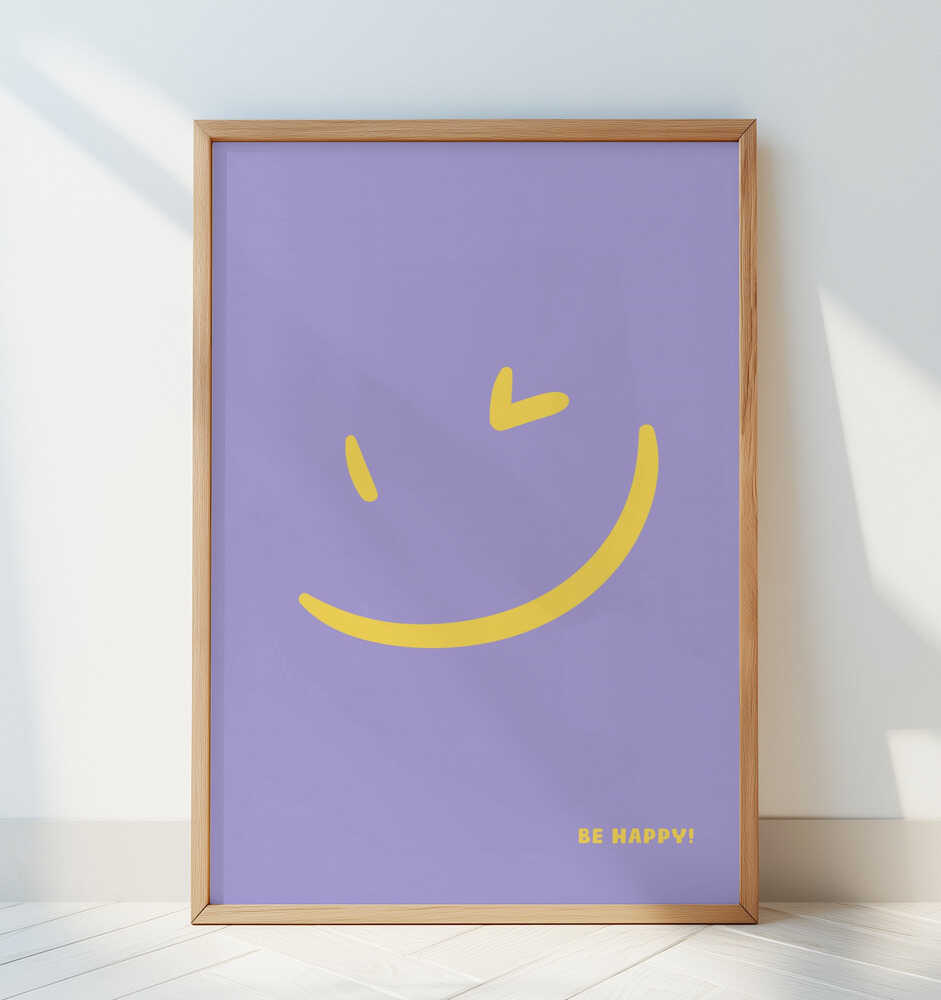 Framed poster with a yellow smiley on a purple background and the text 'Be happy!' written on it. Leaning against a white wall.