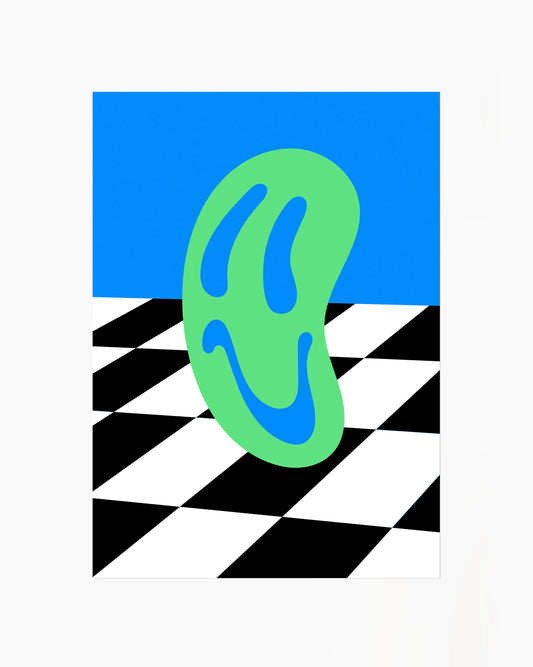 Children's poster of a green smiley on a blue background with black and white checkered pattern.