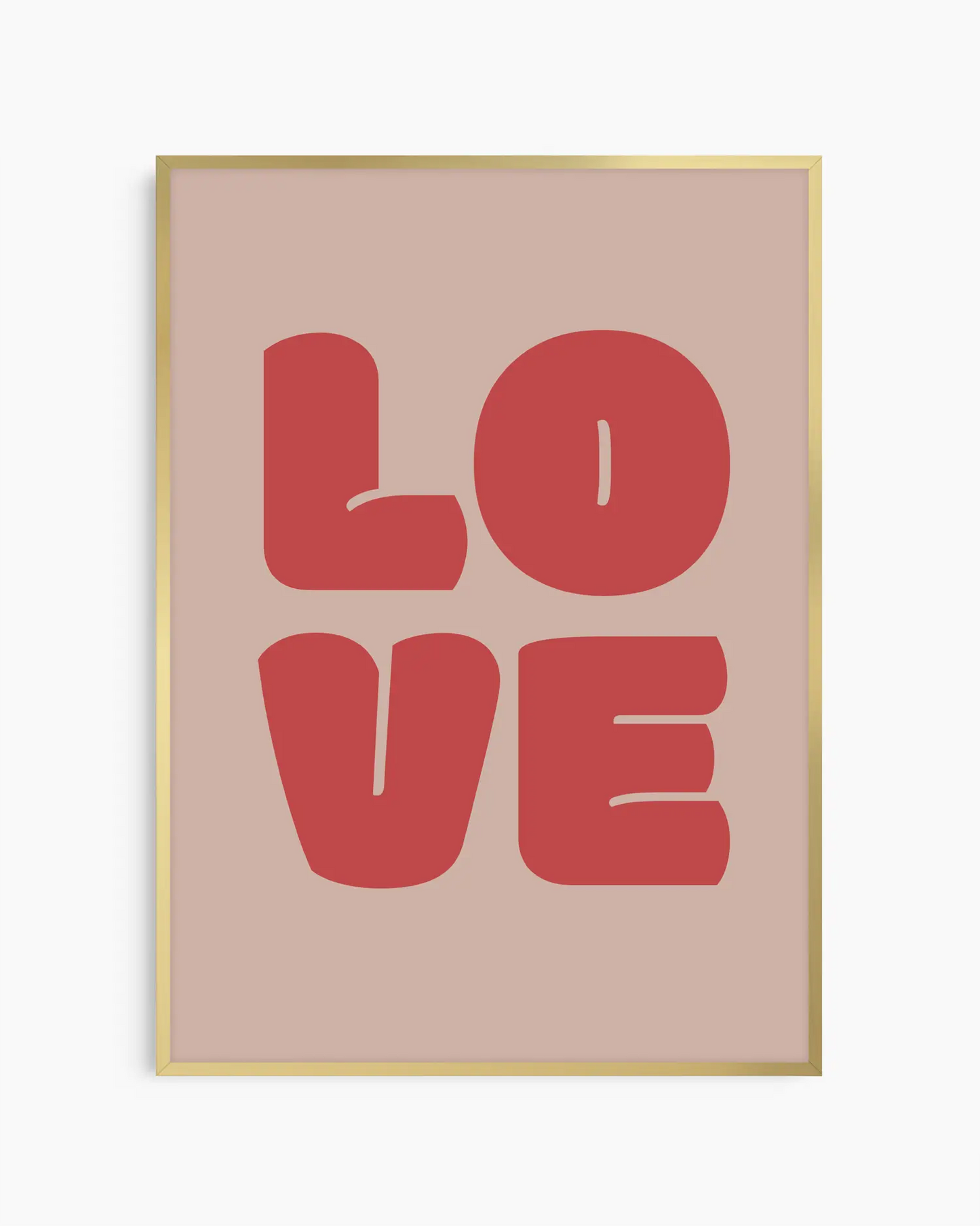 Children's poster with red 'LOVE' text framed in a golden aluminium frame.