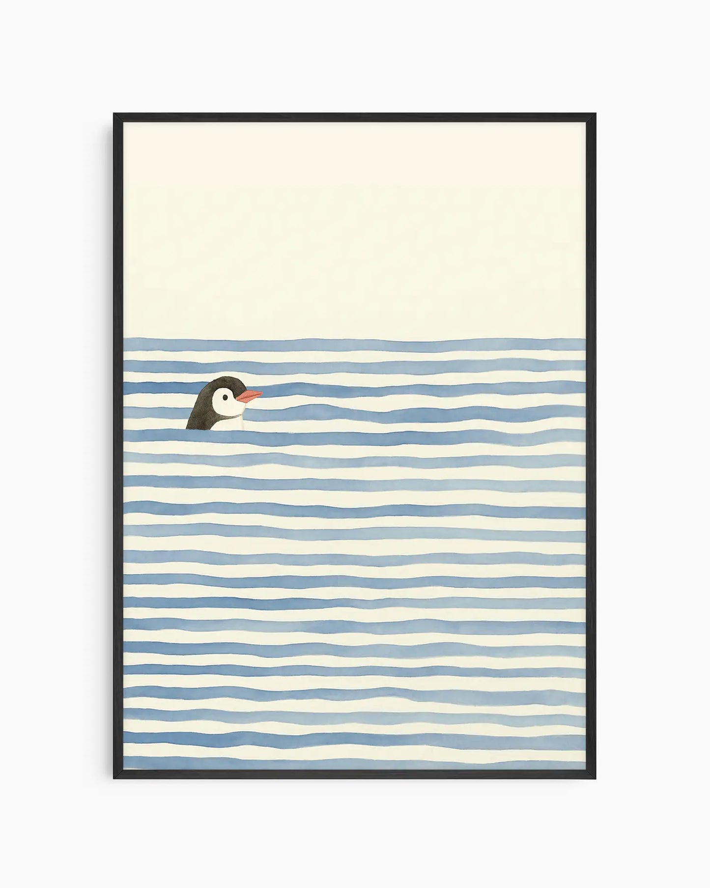 Children's poster of a swimming penguin with a black frame.
