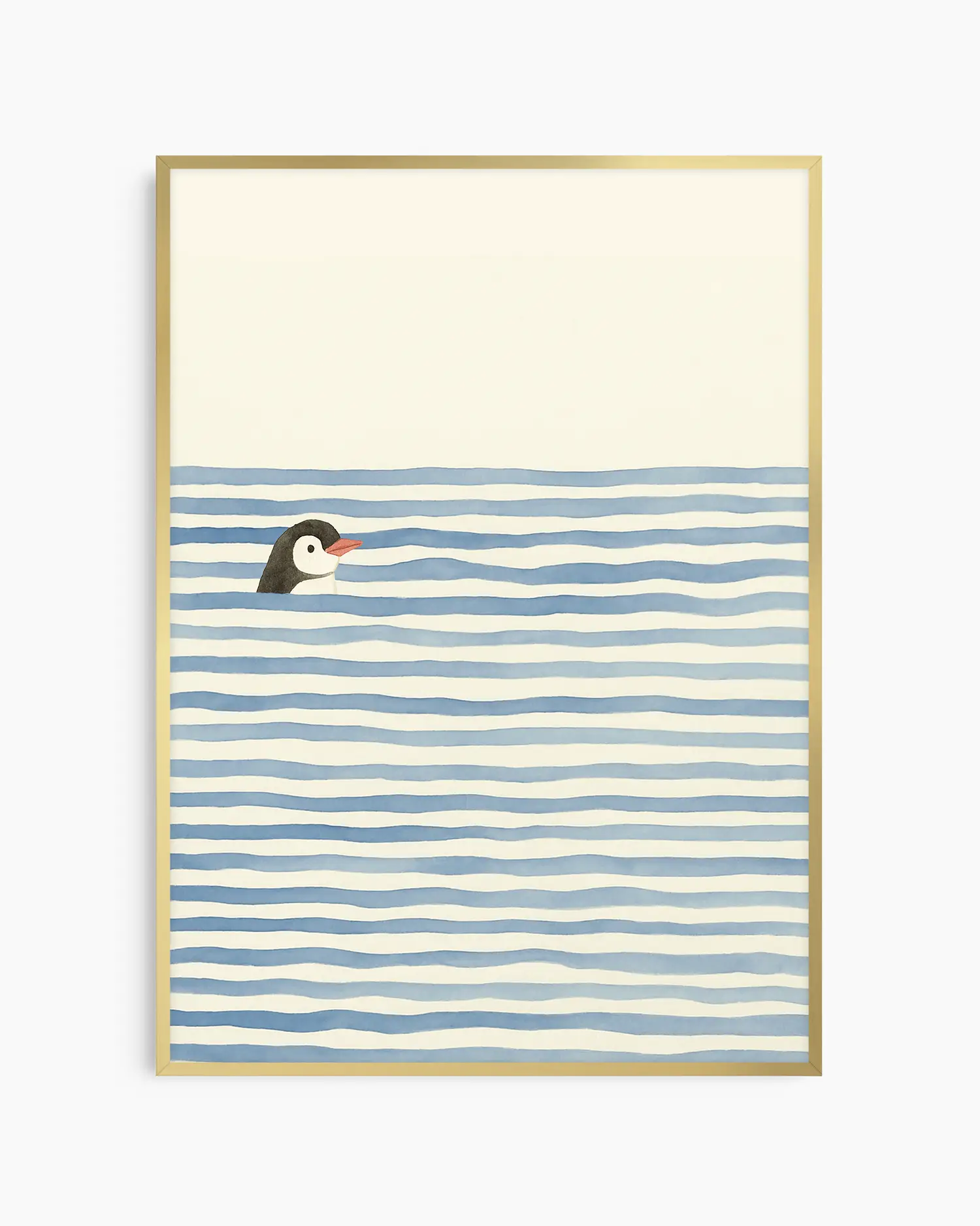 Children's poster of a swimming penguin with a gold frame.