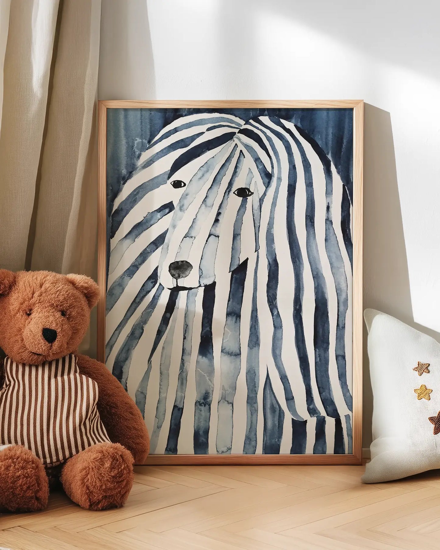 Artwork of a afghan hound with a teddy bear and decorative pillow on a wooden floor.