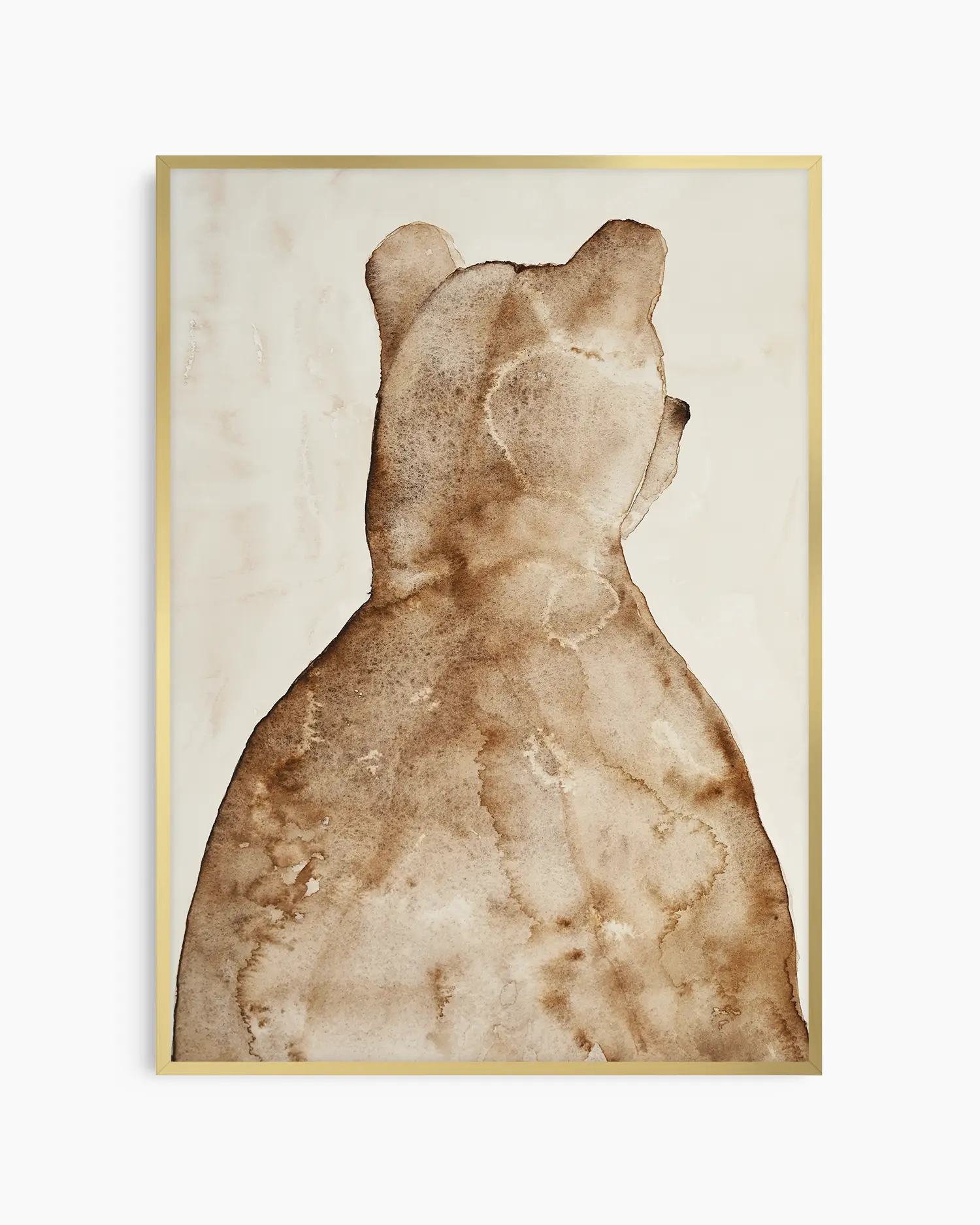 Children's illustration of a brown bear on a beige background framed in a gold frame