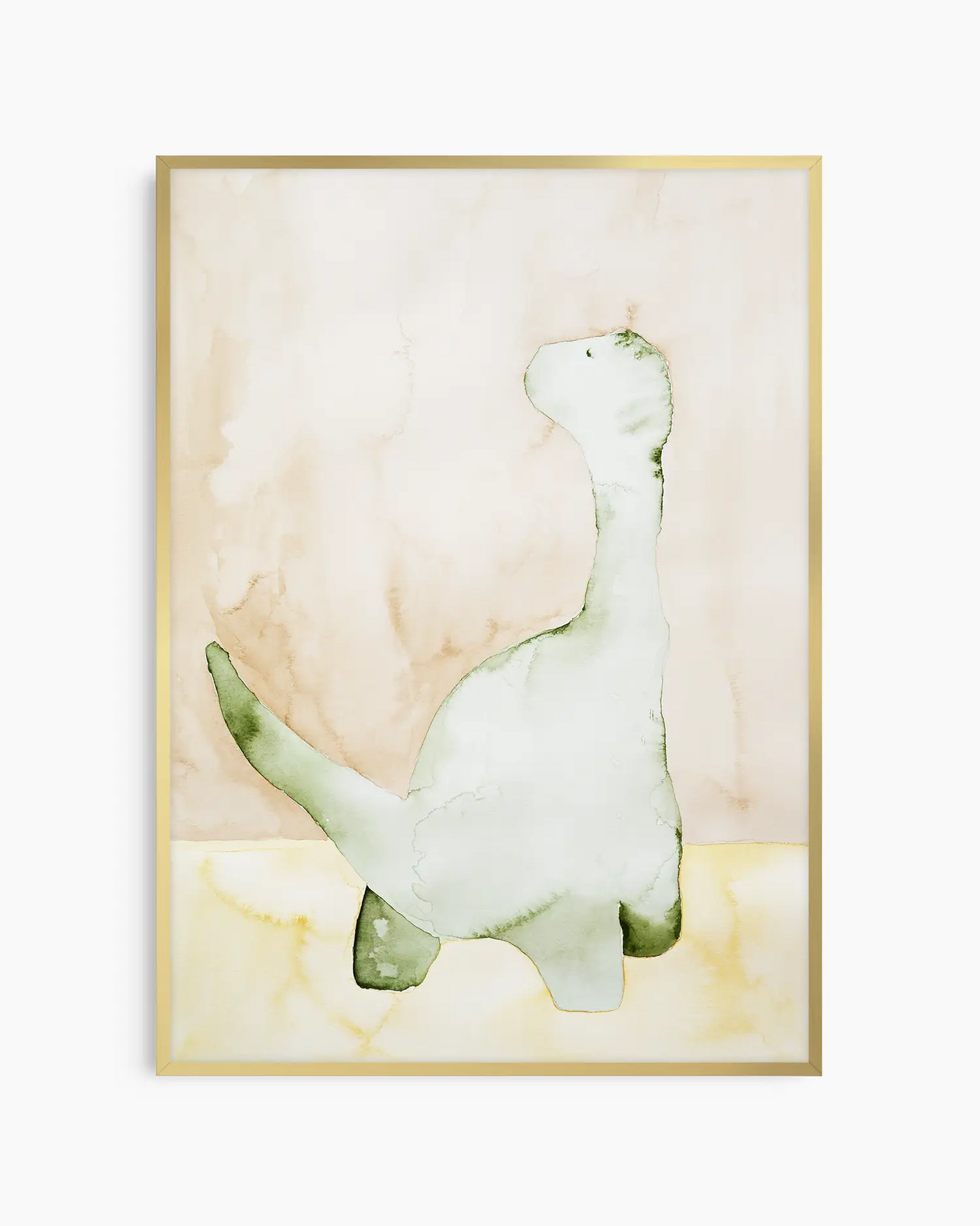 Children's poster of a green dinosaur inside of a gold frame