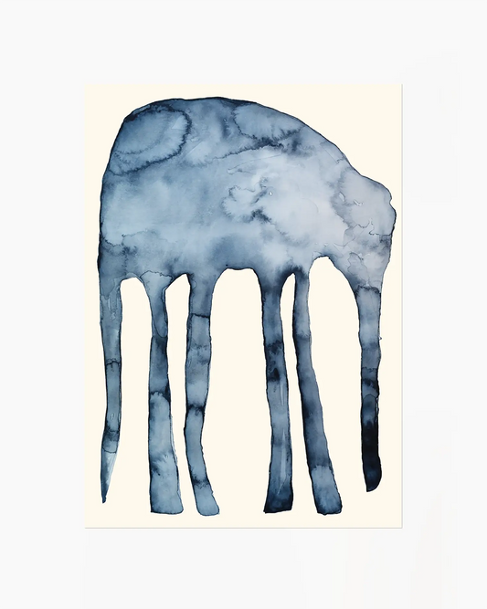 Blue watercolor painting of an elephant on a beige background