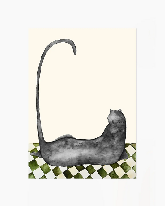 Illustration of a black cat lying on a checkered floor with a cream colored background