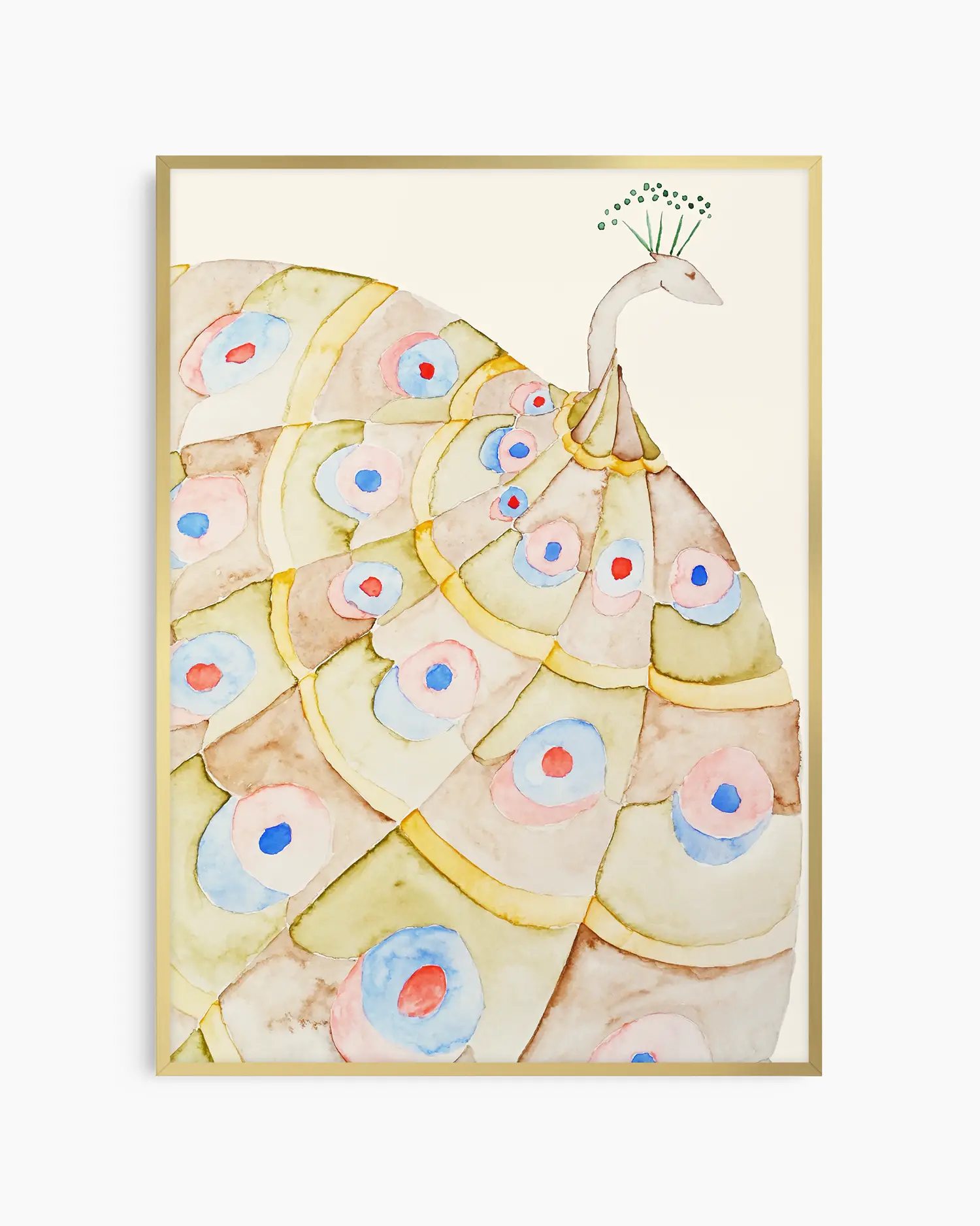 Nursery poster of a peacock inside of a gold frame.