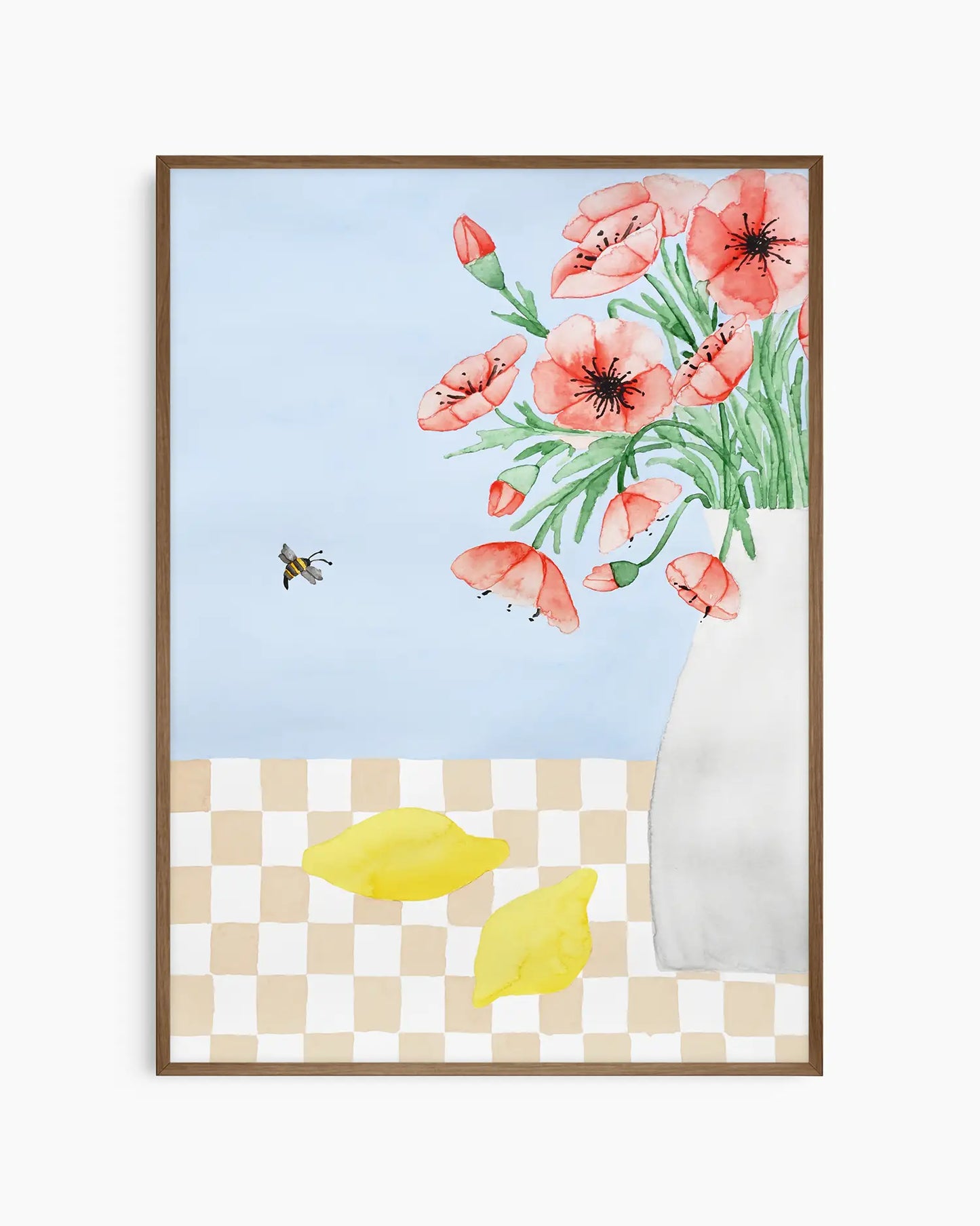 Nursery poster of red poppies in a white vase, a bee and two yellow lemons on a checkered table inside of a dark oak frame.