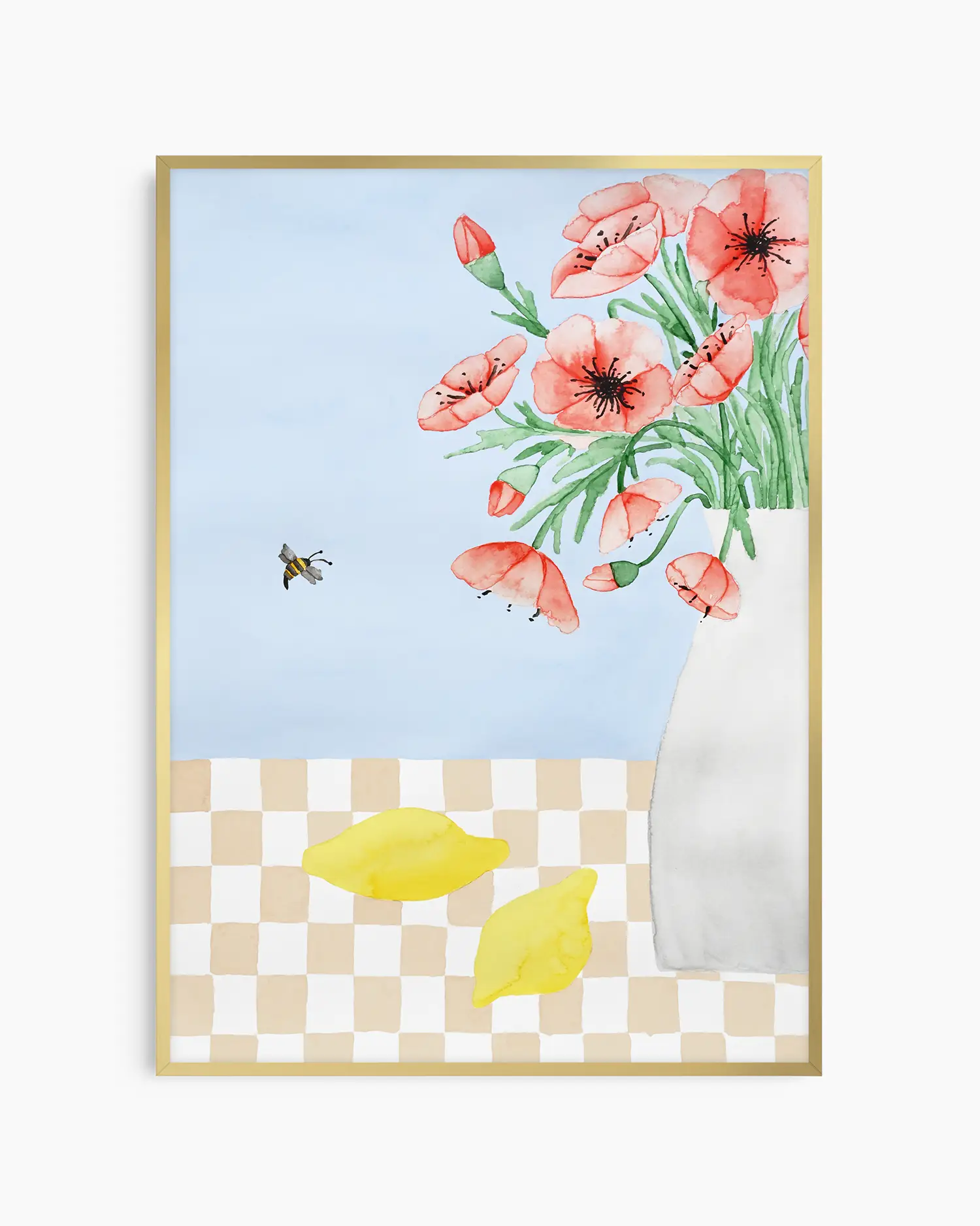 Nursery poster of red poppies in a white vase, a bee and two yellow lemons on a checkered table inside of a gold frame.