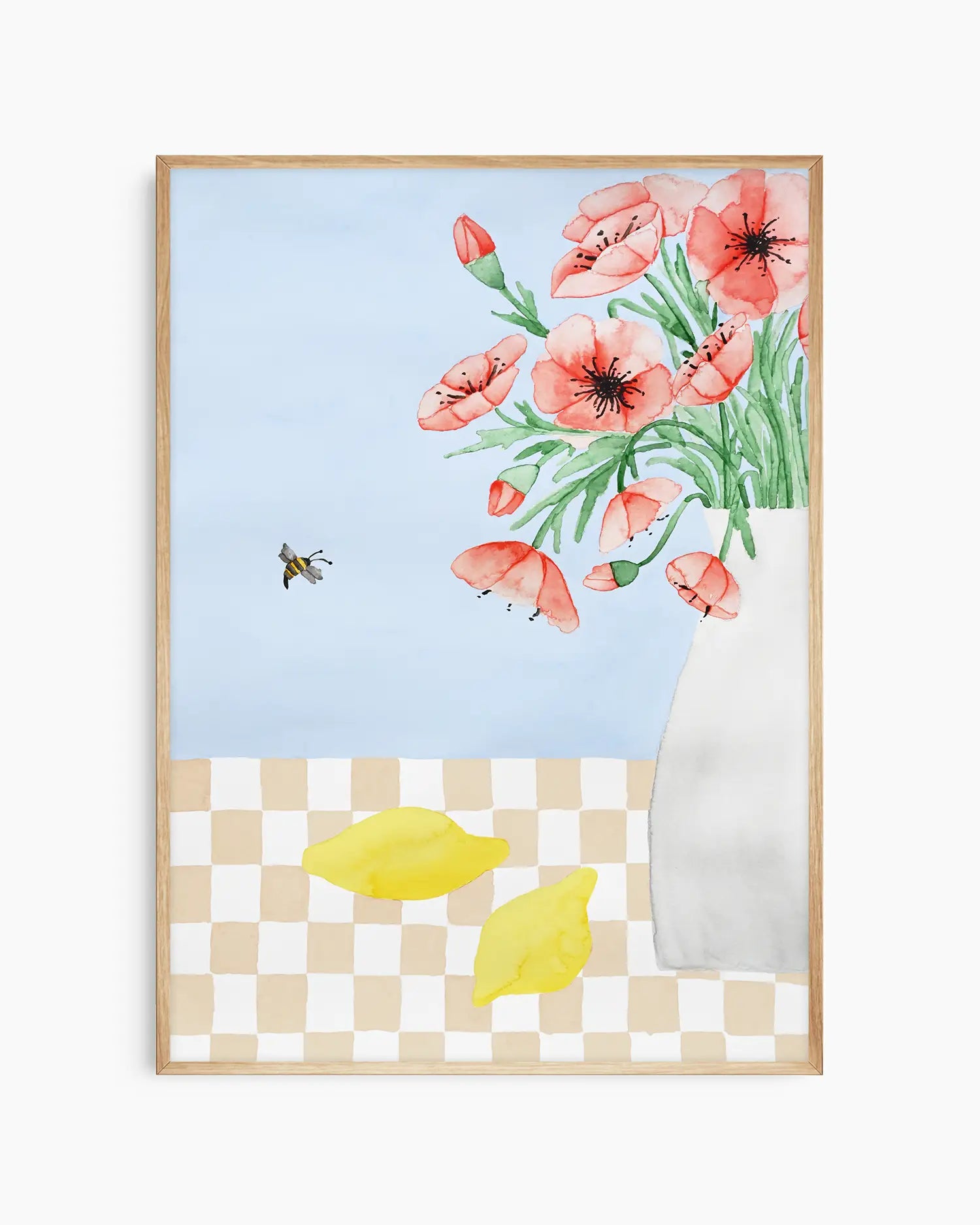 Nursery poster of red poppies in a white vase, a bee and two yellow lemons on a checkered table inside of an oak frame.