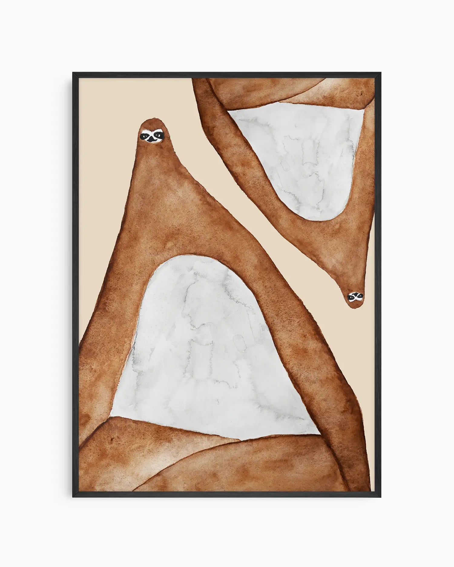 Nursery poster of two lazy sloths in brown on a beige background in a black frame.
