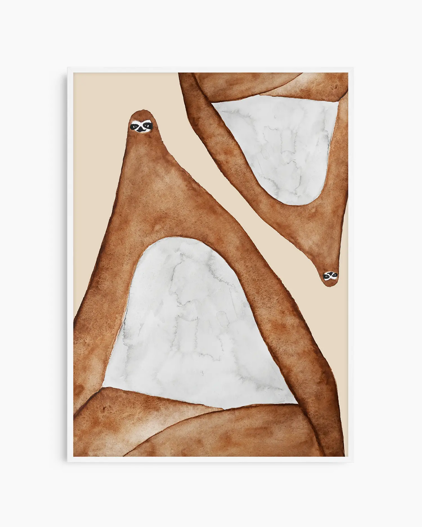 Nursery poster of two lazy sloths in brown on a beige background in a white frame.