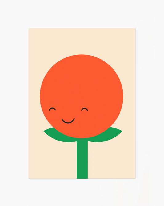 Nursery poster of a smiling tomato with a green stem on a beige background