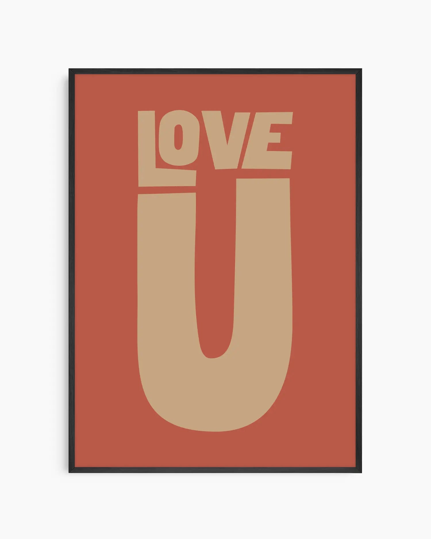 Red nursery poster with 'LOVE U' text framed in a black frame.