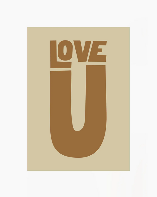 Beige nursery poster with 'LOVE U' text in brown on a beige background