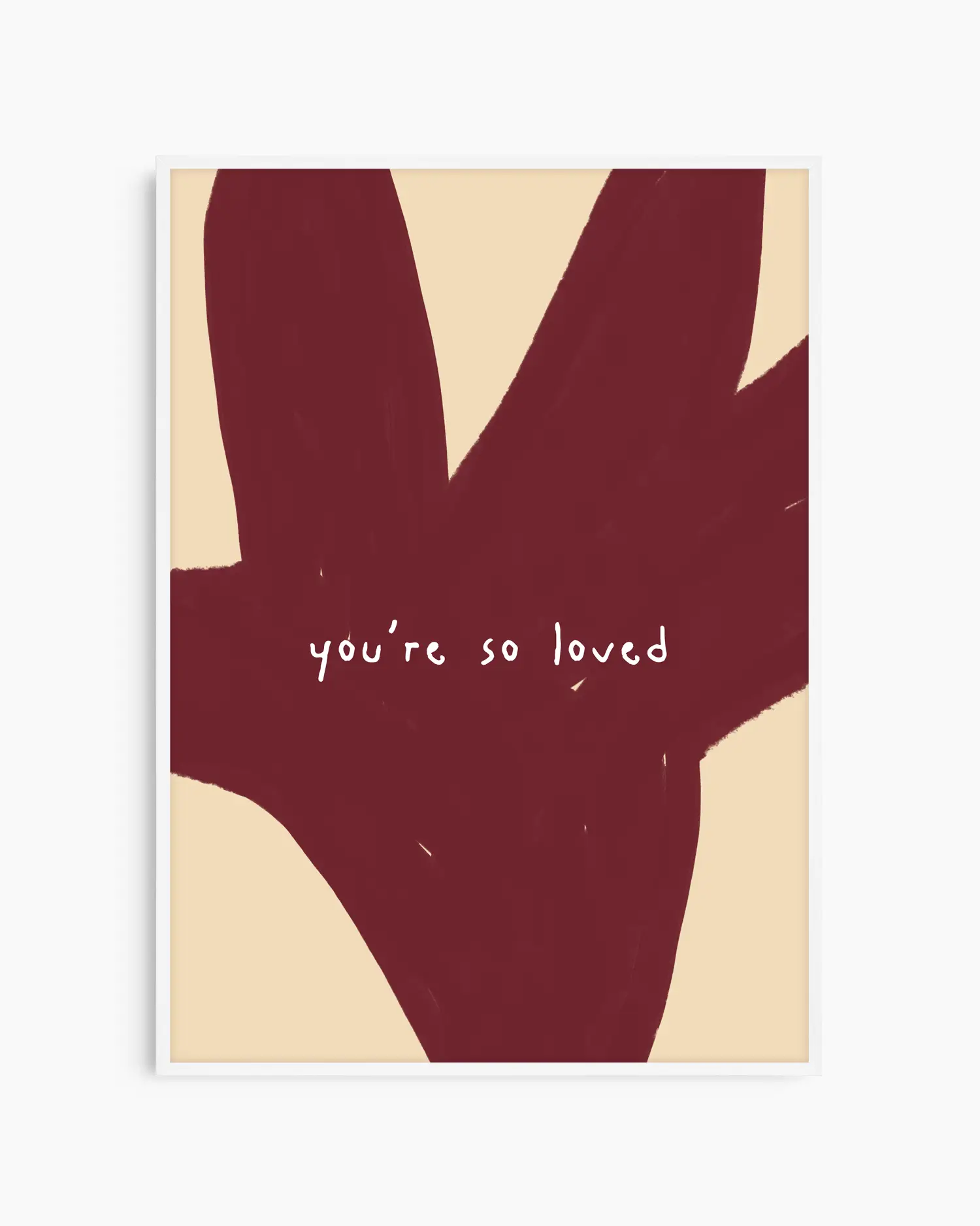 Red and beige nursery poster with the text 'you're so loved' framed in a white frame.