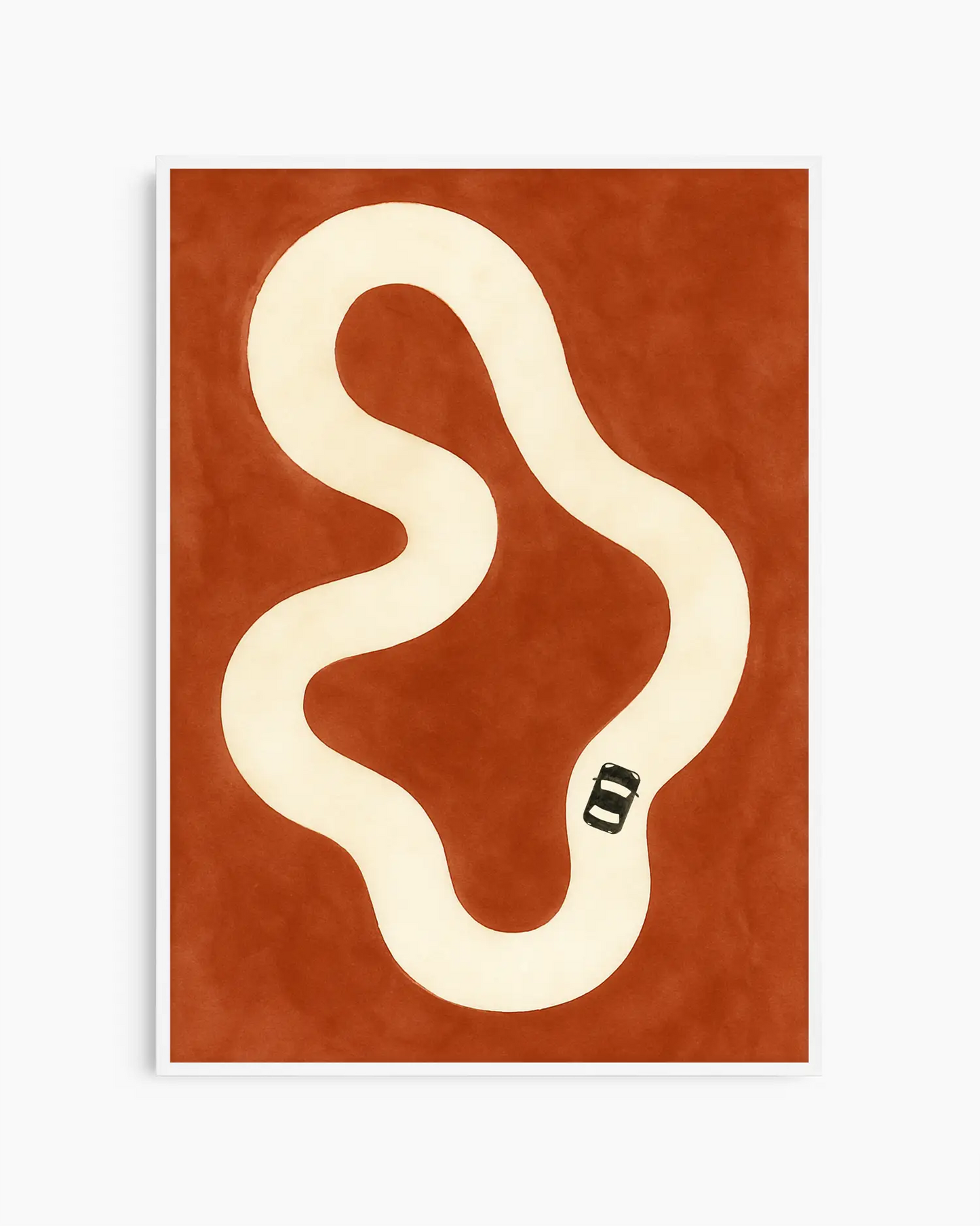 Nursery poster with a black car on a beige race track framed in a white frame.