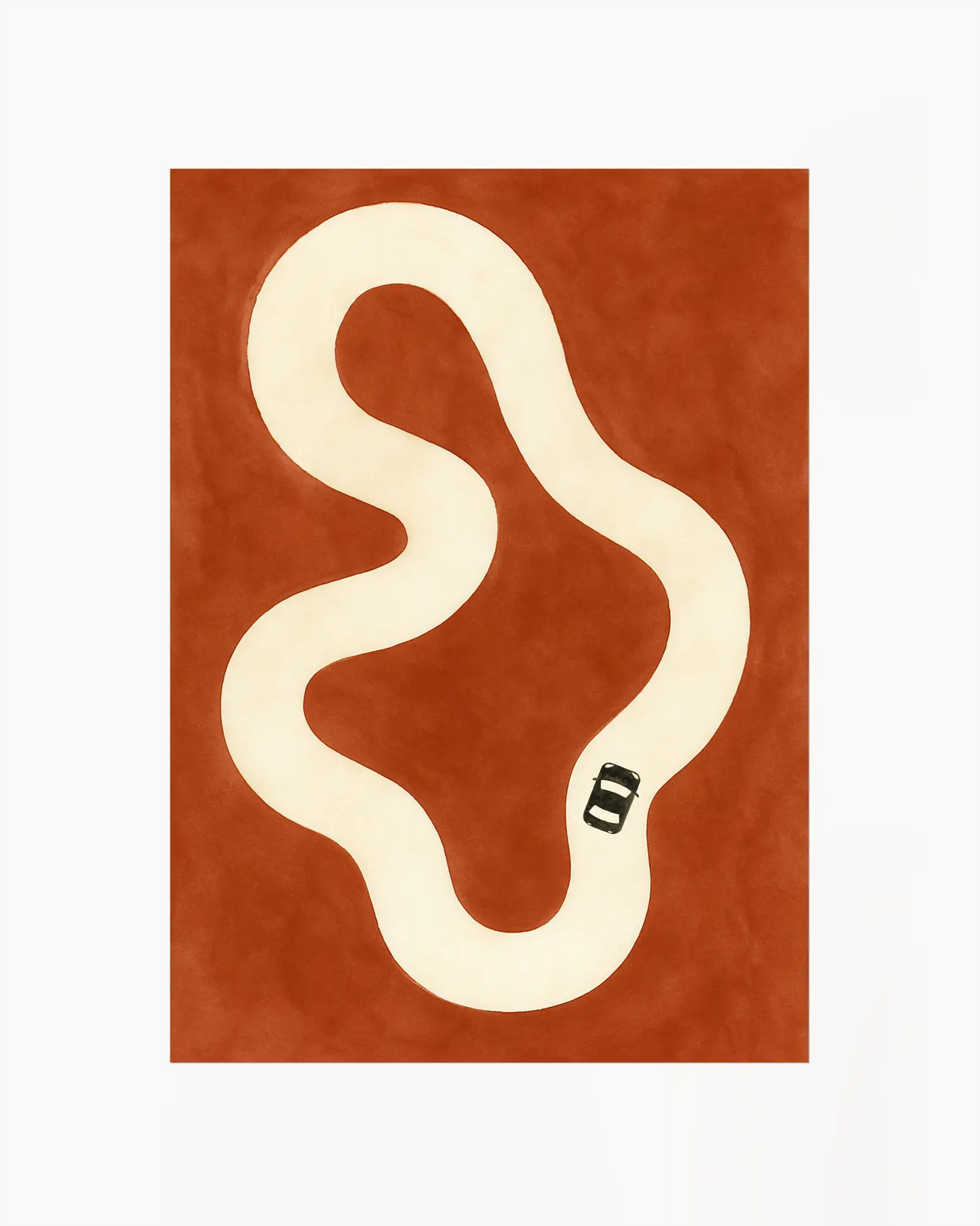 Nursery poster with a black car on a beige race track.