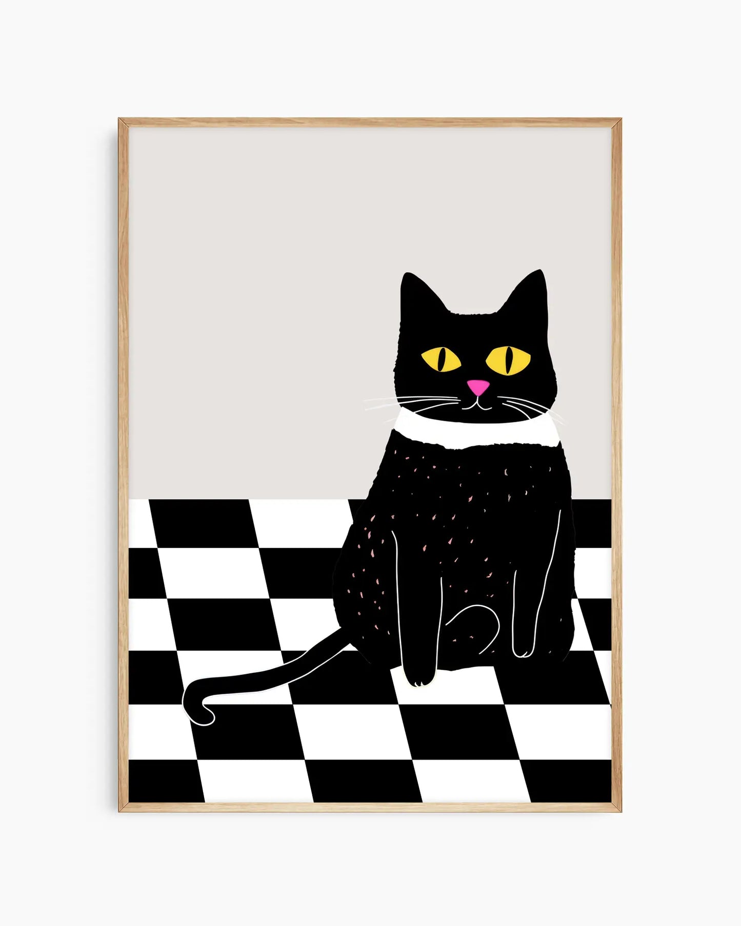Framed nursery artwork of a black cat with yellow eyes and a pink nose on a checkered floor.