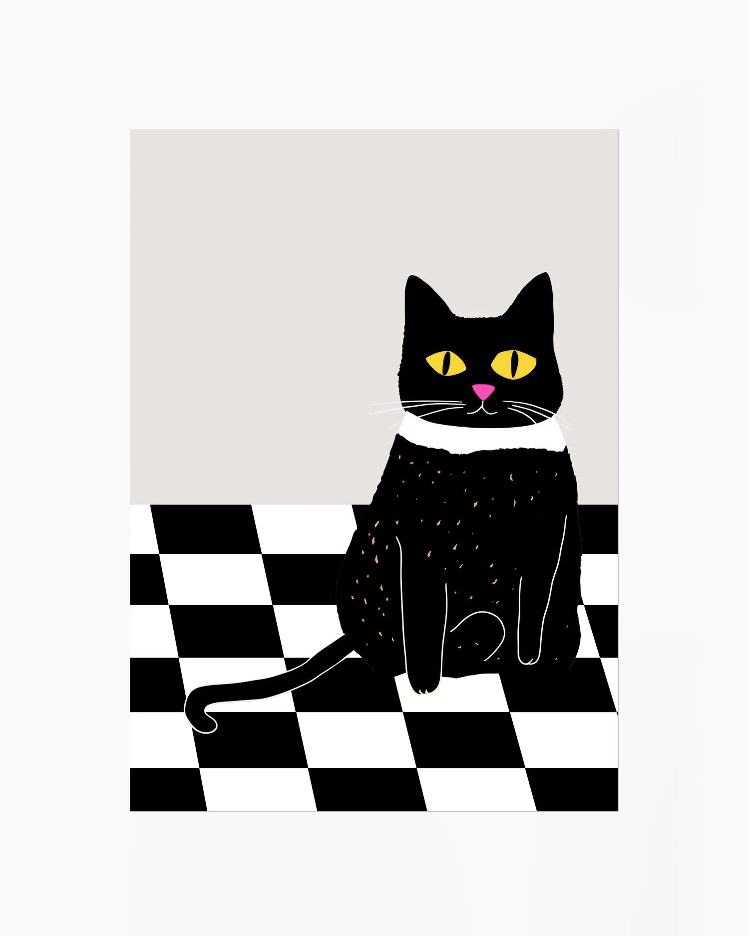 Nursery poster of a black cat with yellow eyes and a pink nose on a checkered floor.