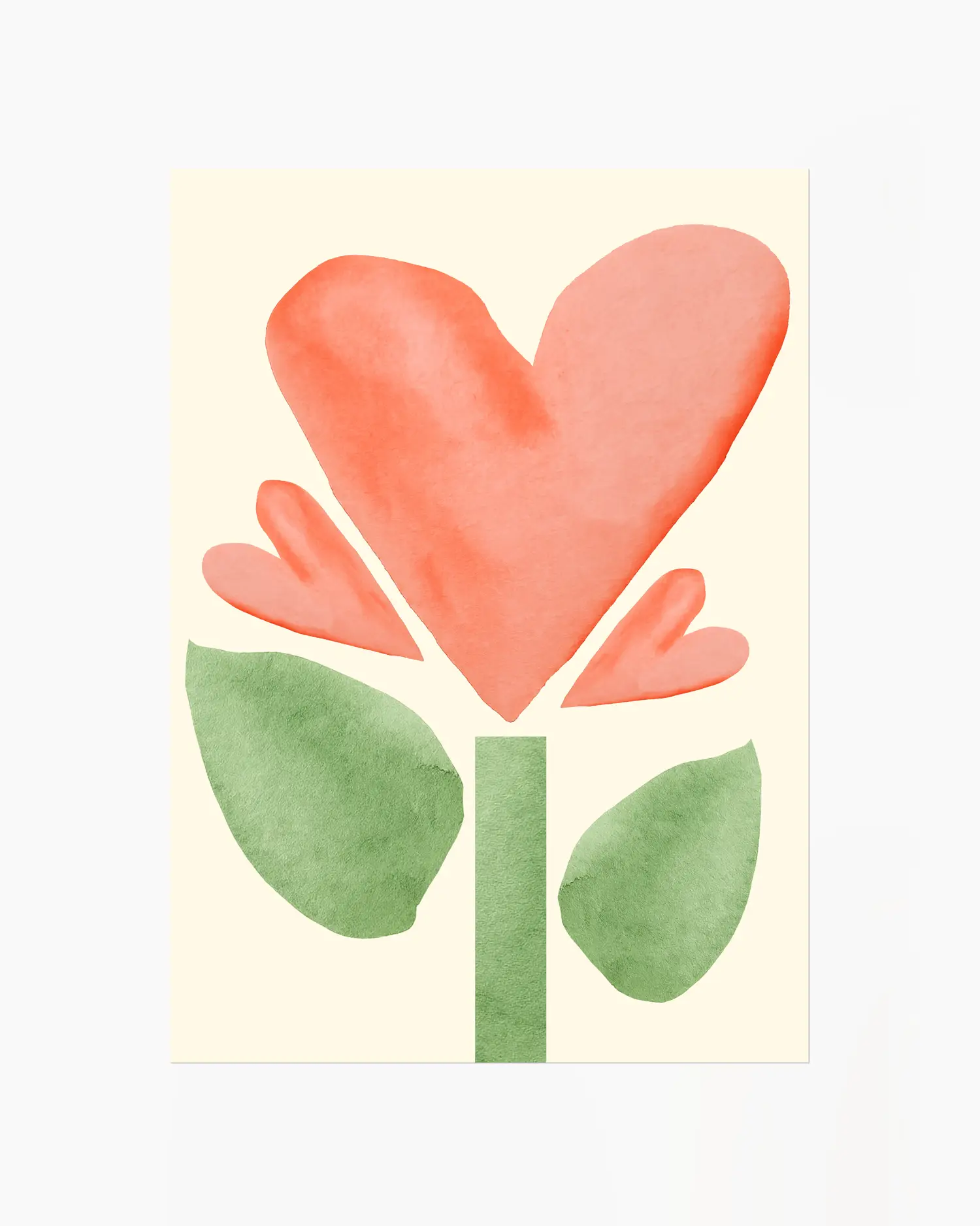 Poster with a heart-shaped flower with green stem and leaves on a light yellow background