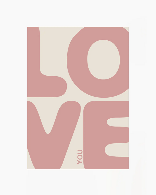 Nursery poster with 'LOVE YOU' written in pink letters on a beige background