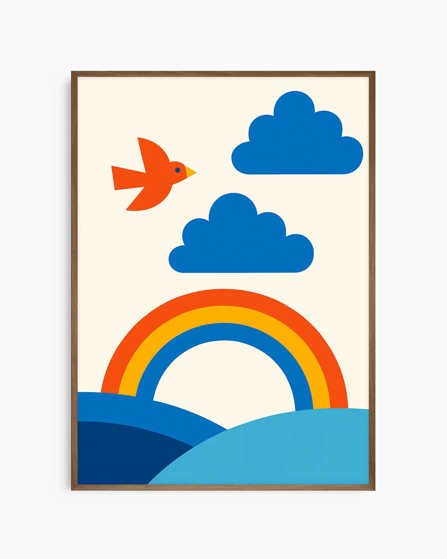 A fun and colorful nursery poster of a rainbow, clouds, and a bird on a beige background, framed in a dark oak frame.