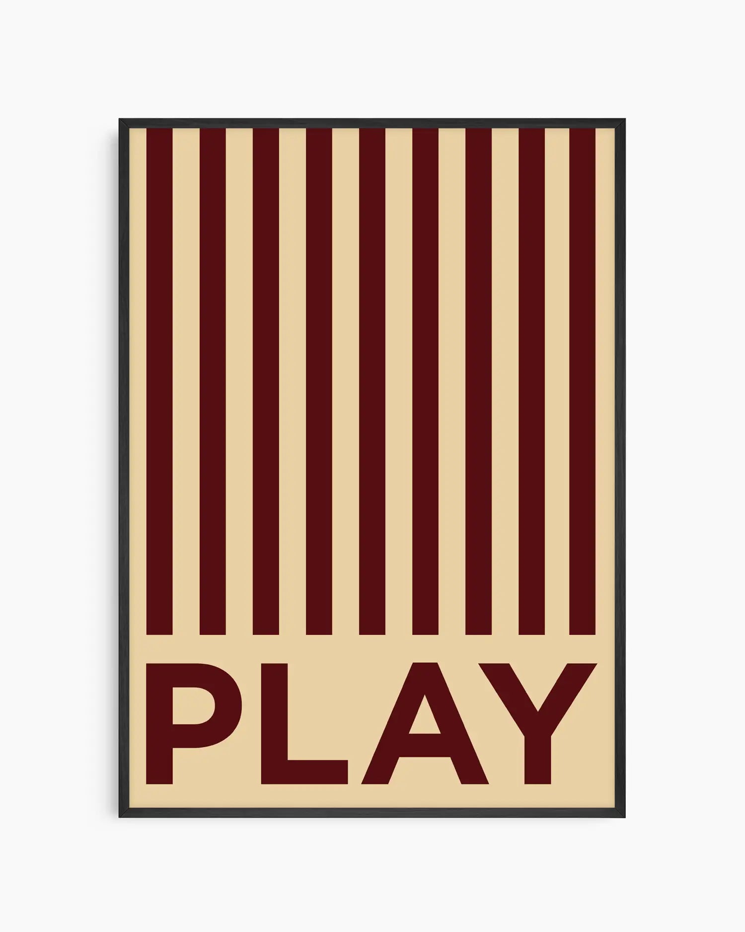 Beige nursery poster with brown stripes and the word 'PLAY' written on it framed in a black wooden frame