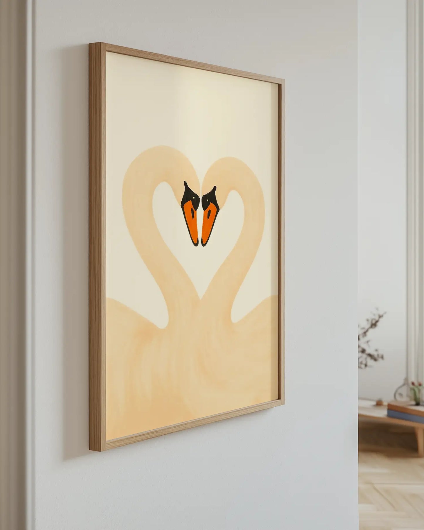 Interior design – Wallart poster with two swans hanging on the wall