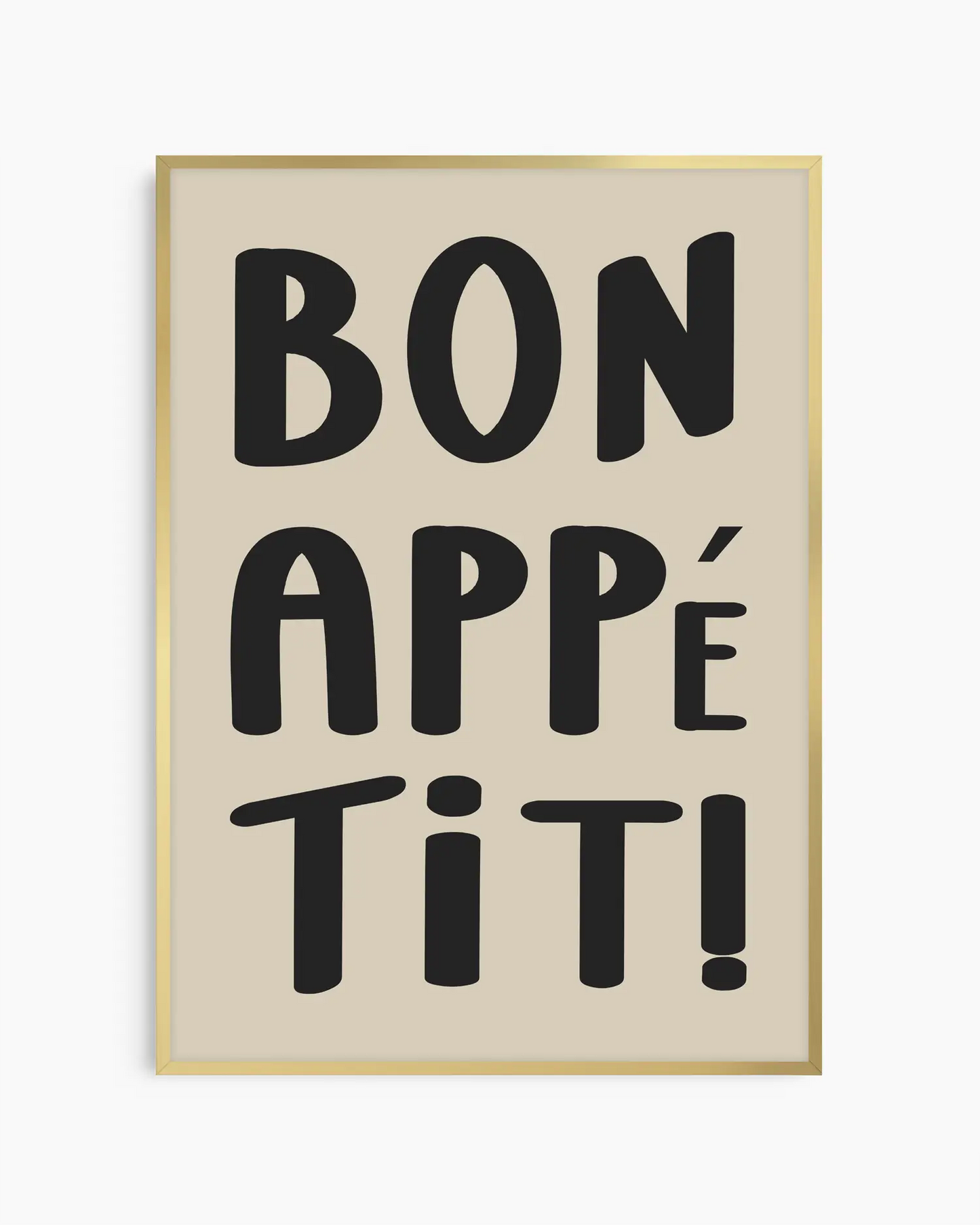 Framed artwork with 'Bon Appétit!' text on a beige background in a golden aluminium frame.