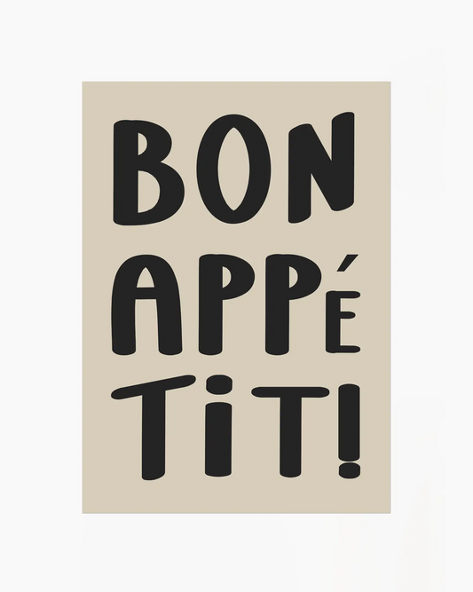 Nursery artwork with 'Bon Appétit!' text on a beige background.