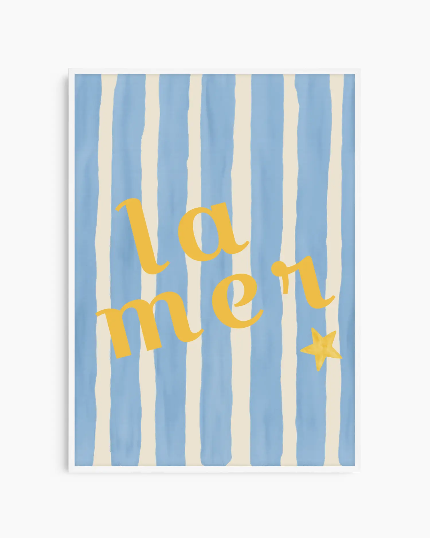 Nursery artwork with 'la mer' text on a blue and white striped background in a white wooden frame.