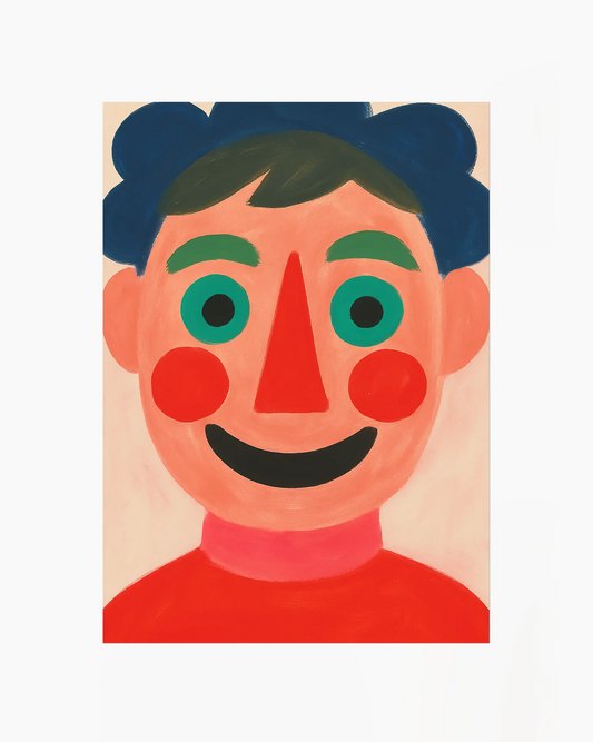 Illustration poster featuring a smiling face in bold pastel shades and graphic shapes.