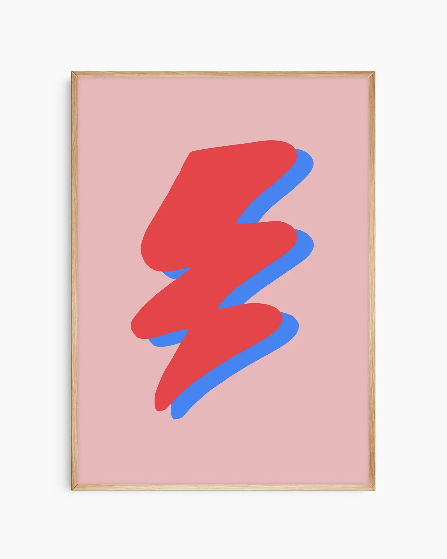 Warm, minimalist wall art in pastel red tones on a pastel red background, shown in a oak frame.