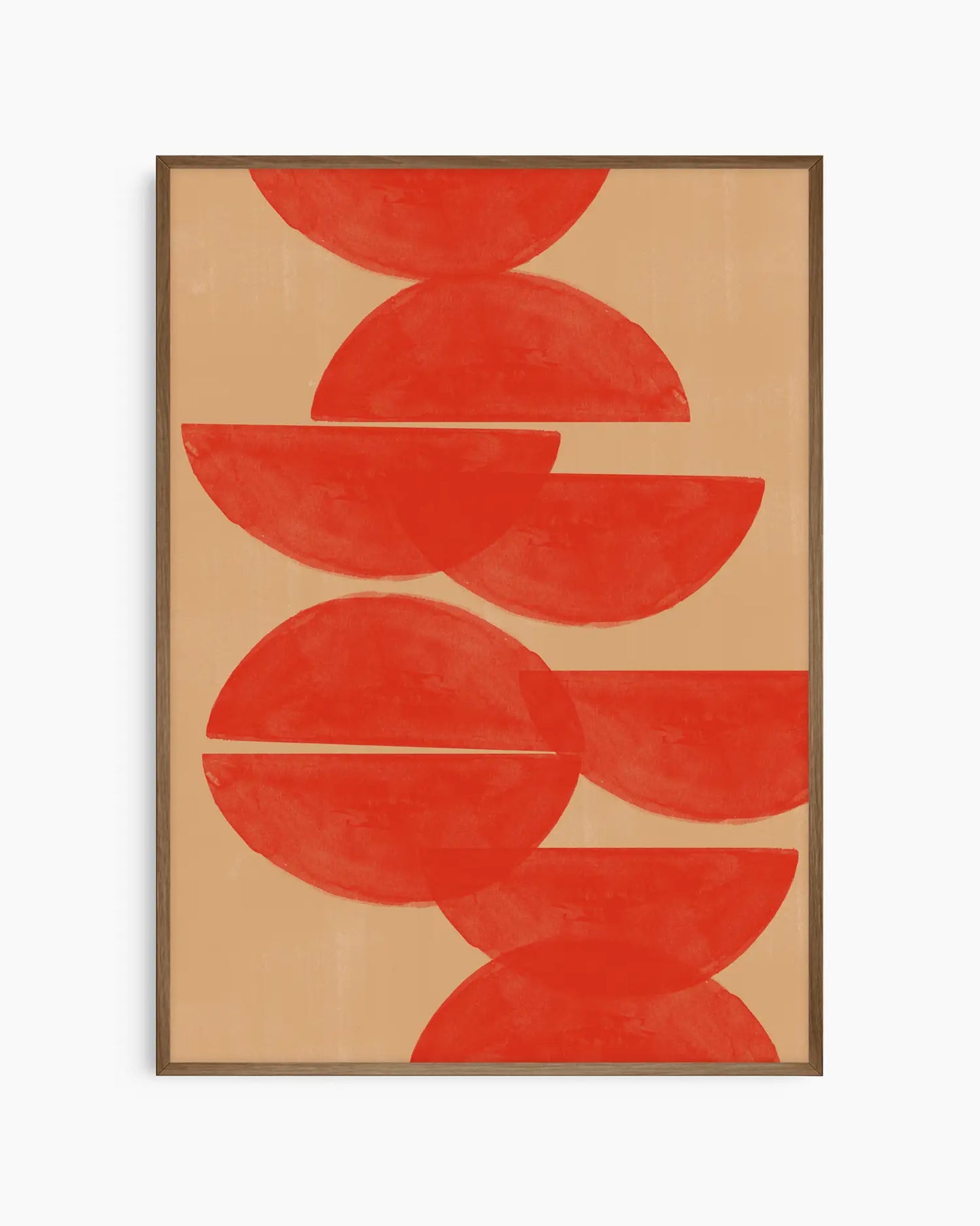 Warm, minimalist wall art in bright red tones on a bright red background, shown in a dark oak frame.