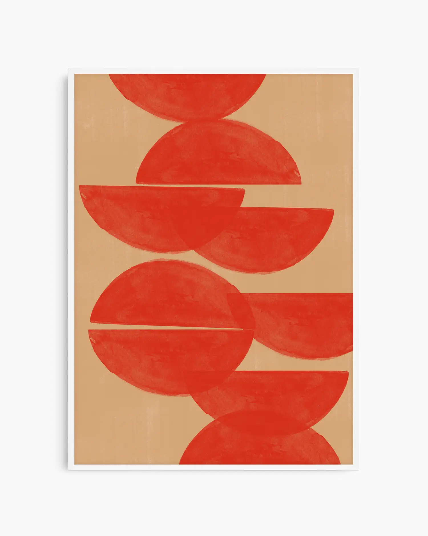 Warm, minimalist wall art in bright red tones on a bright red background, shown in a white frame.