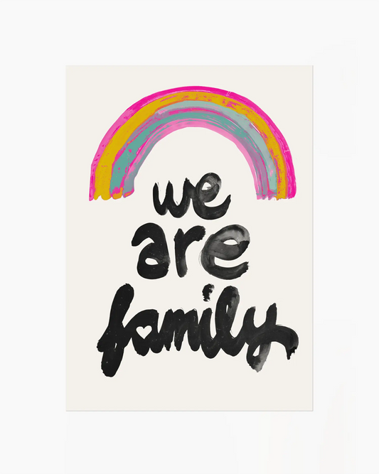 Colorful rainbow above the text 'we are family' on a white background