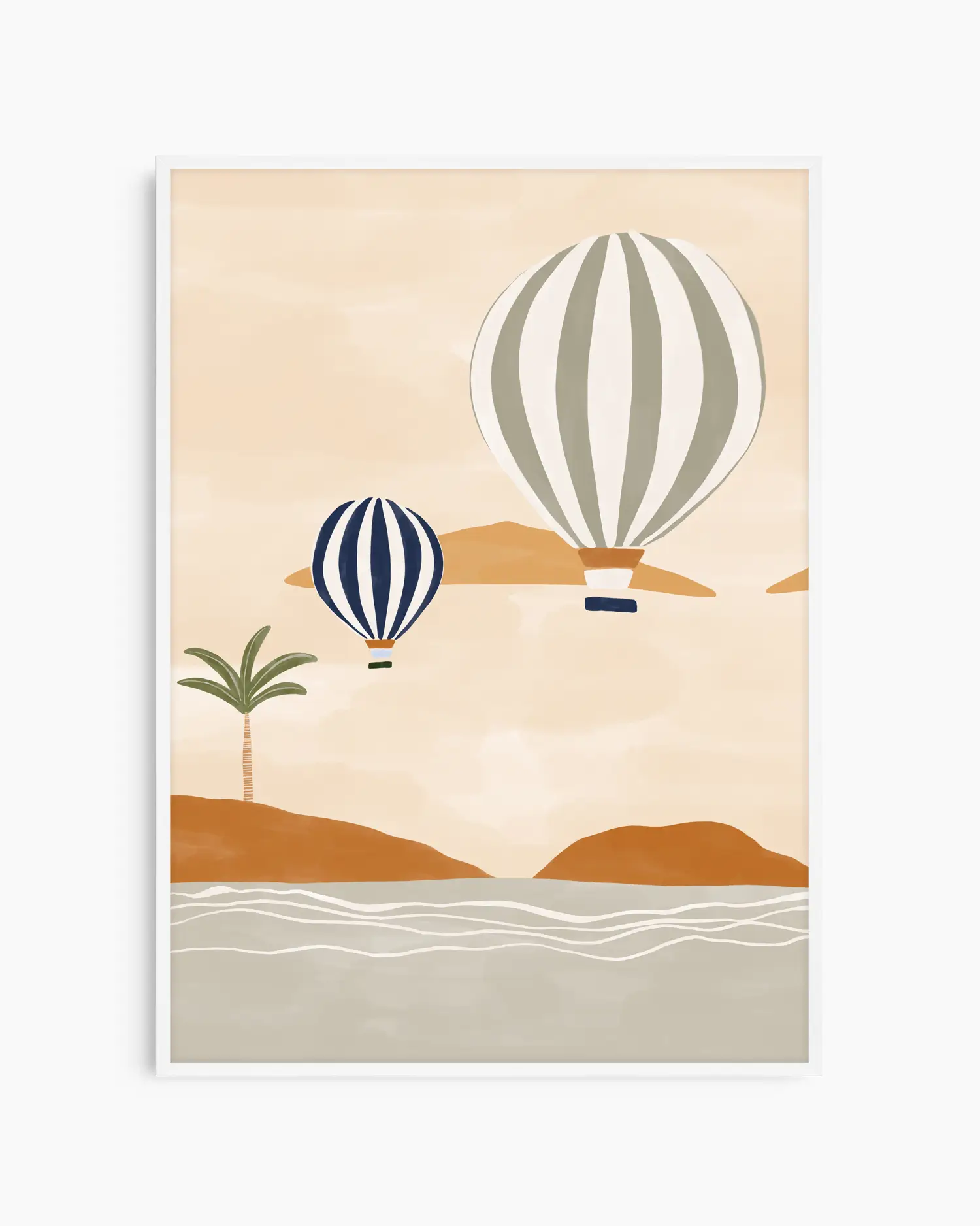 Illustration of two hot air balloons over a beach with palm trees and sand.