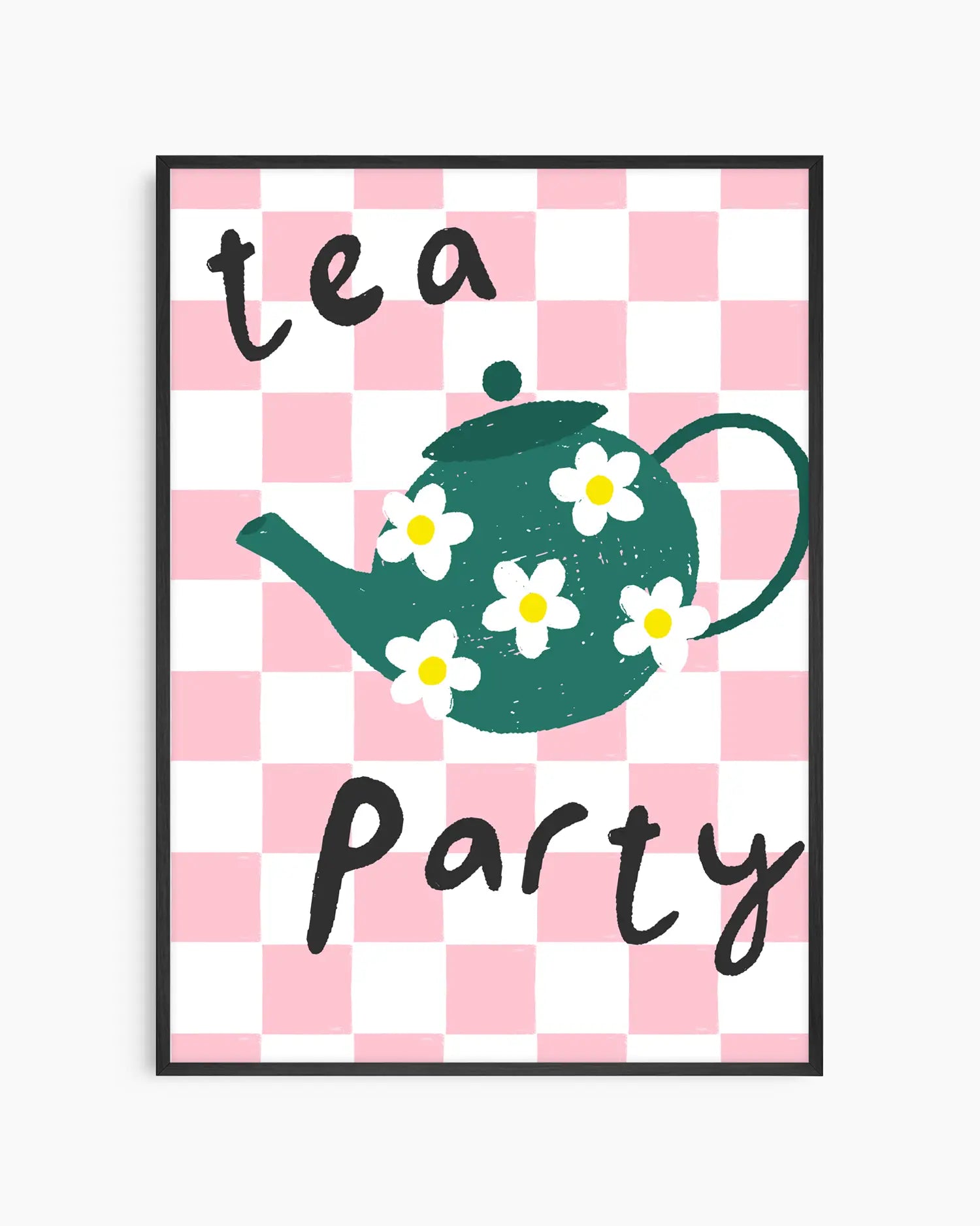 Poster with a green teapot and flowers on a pink and white checkered background with 'tea party' text.