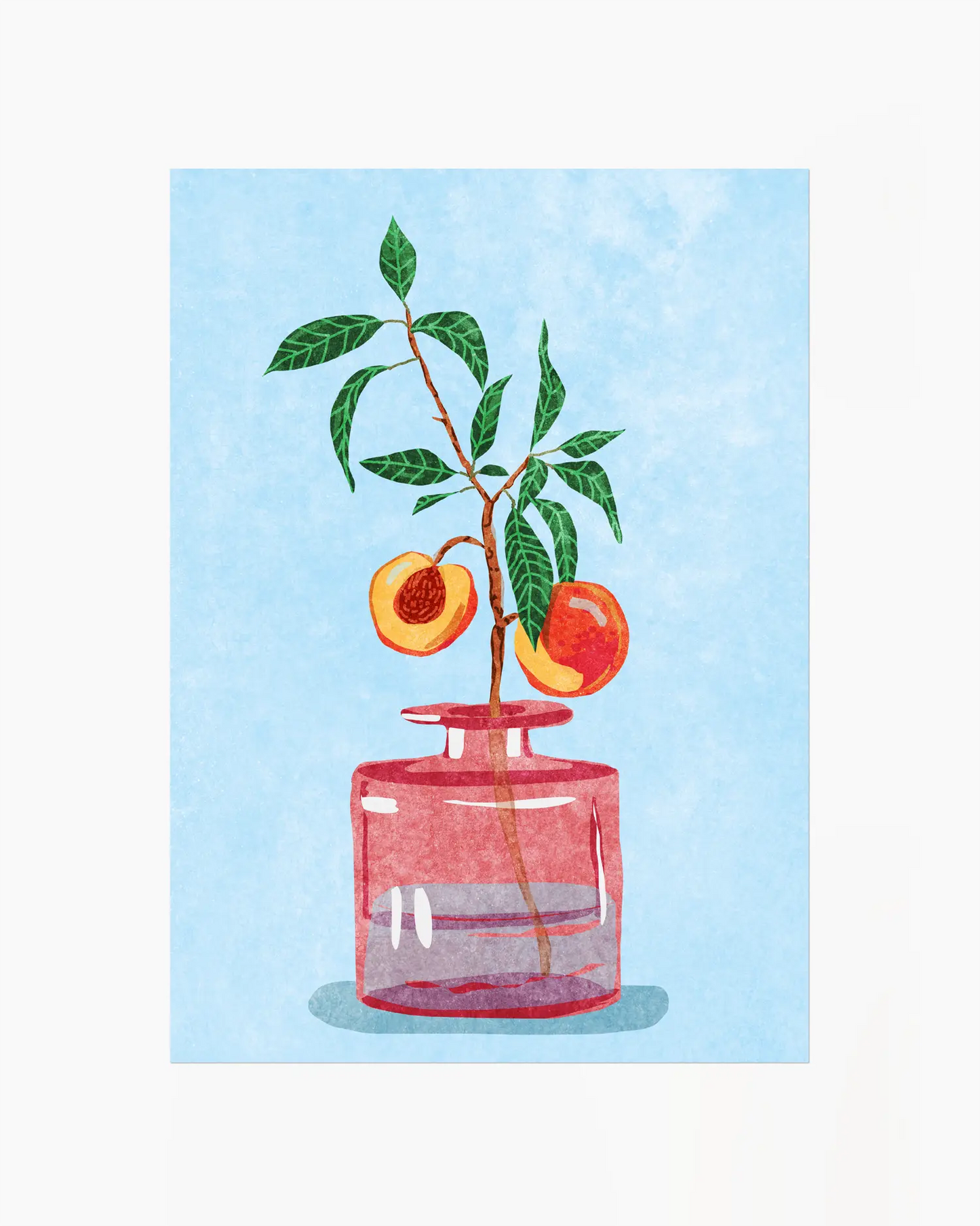 Illustration of a peach branch in a pink vase against a light blue background