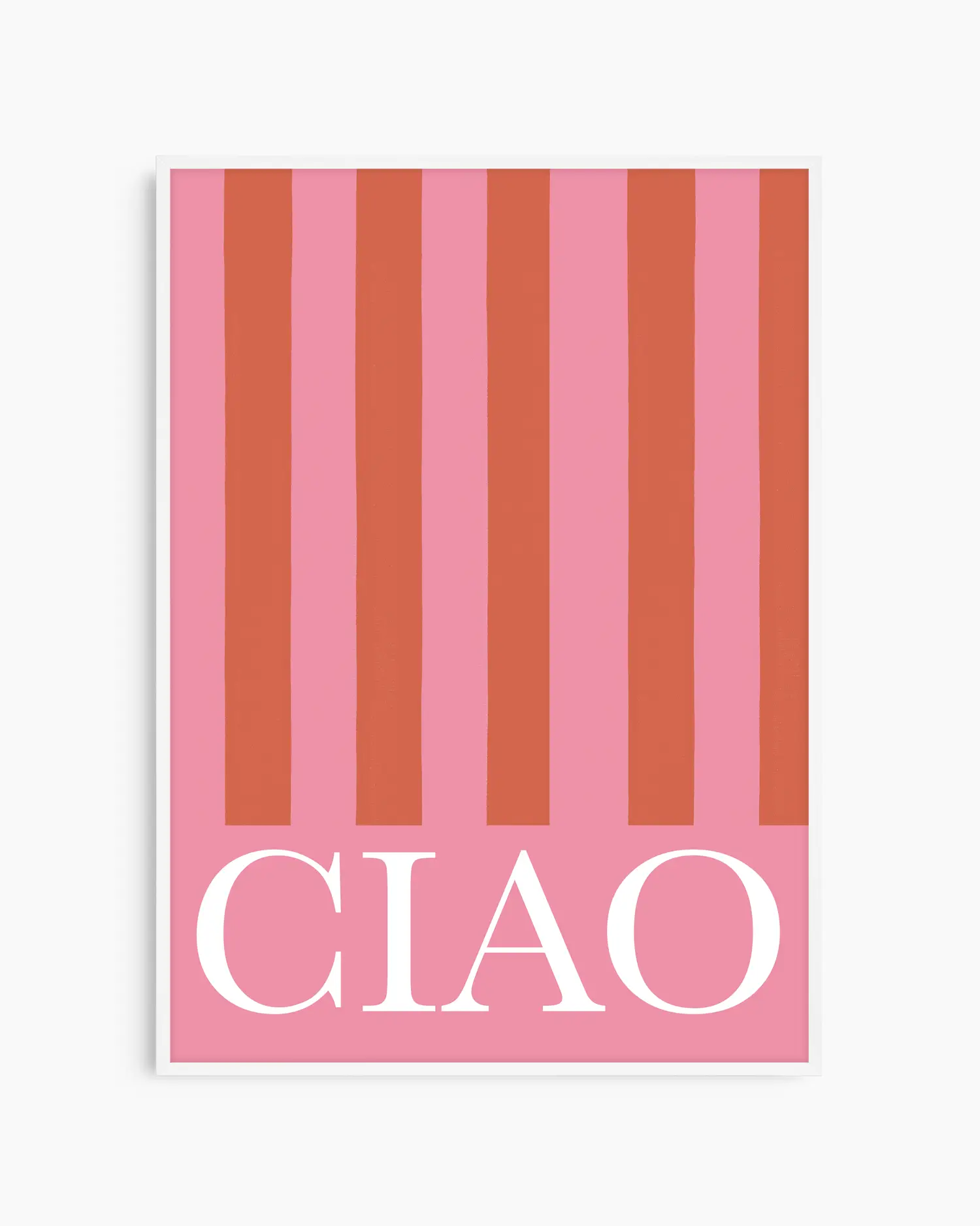 Pink and brown striped poster with 'CIAO' text on a white background