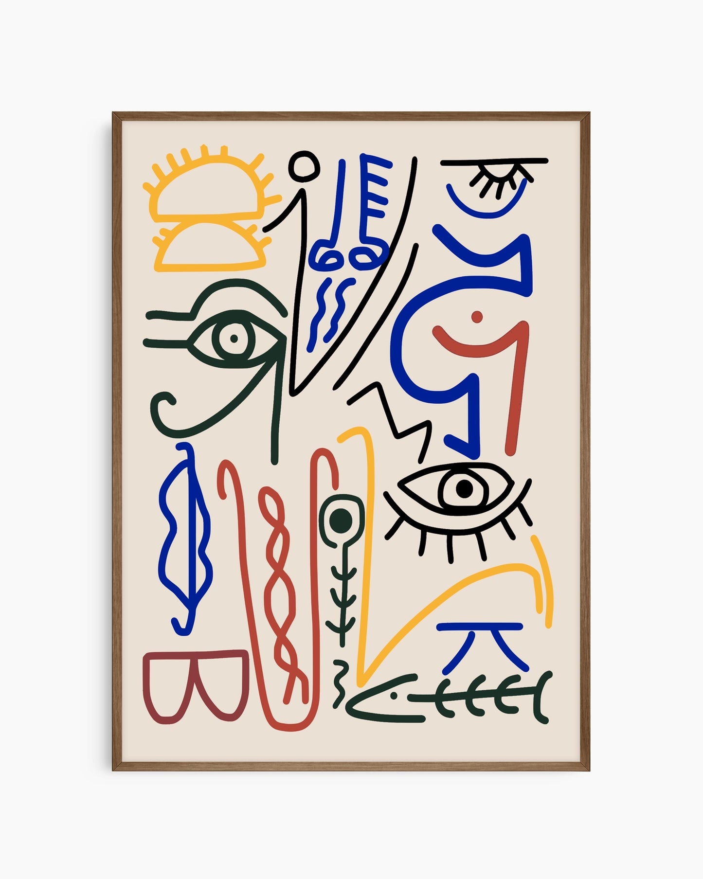 Abstract artwork with colorful lines and shapes on a beige background